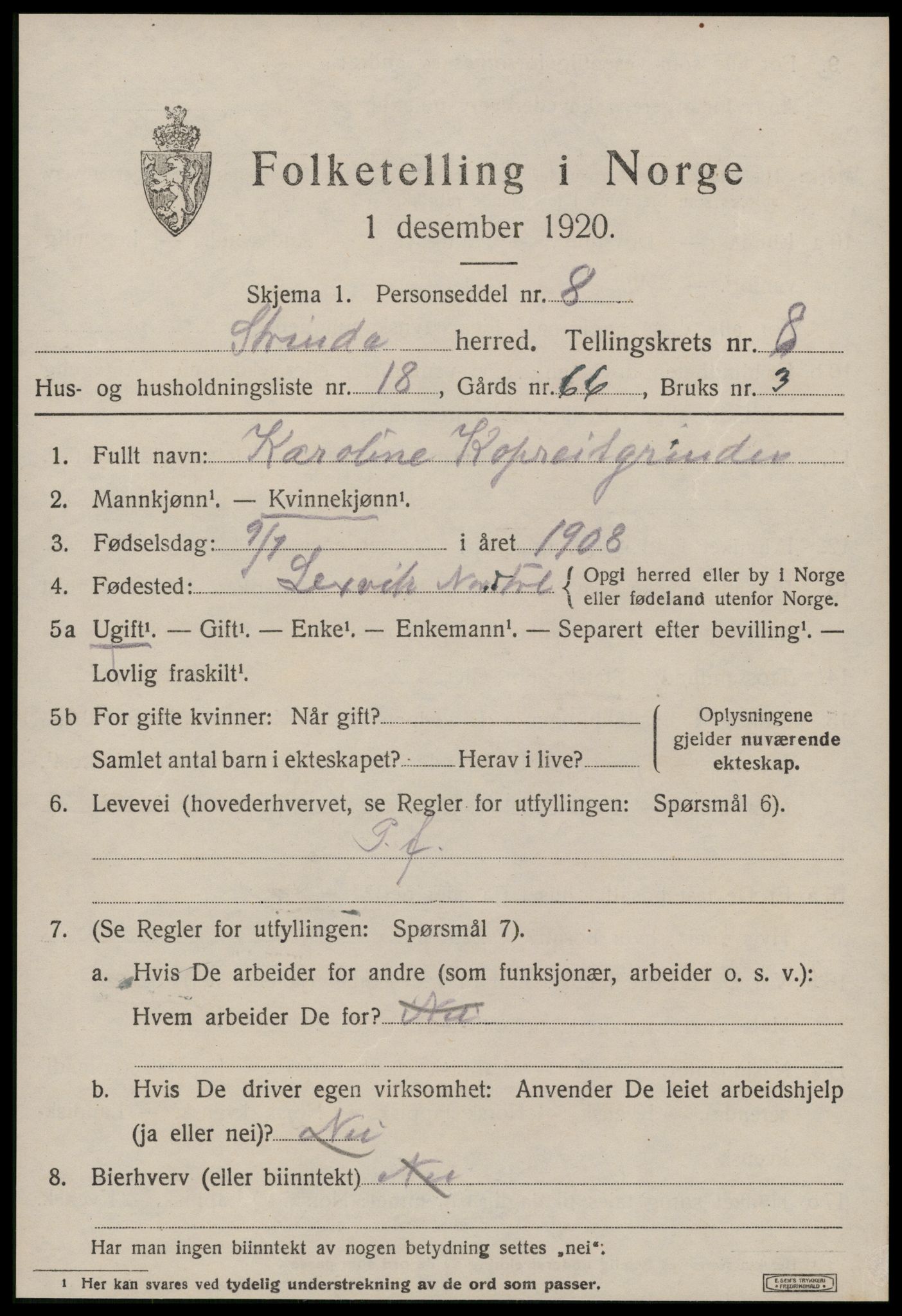 SAT, 1920 census for Strinda, 1920, p. 20258