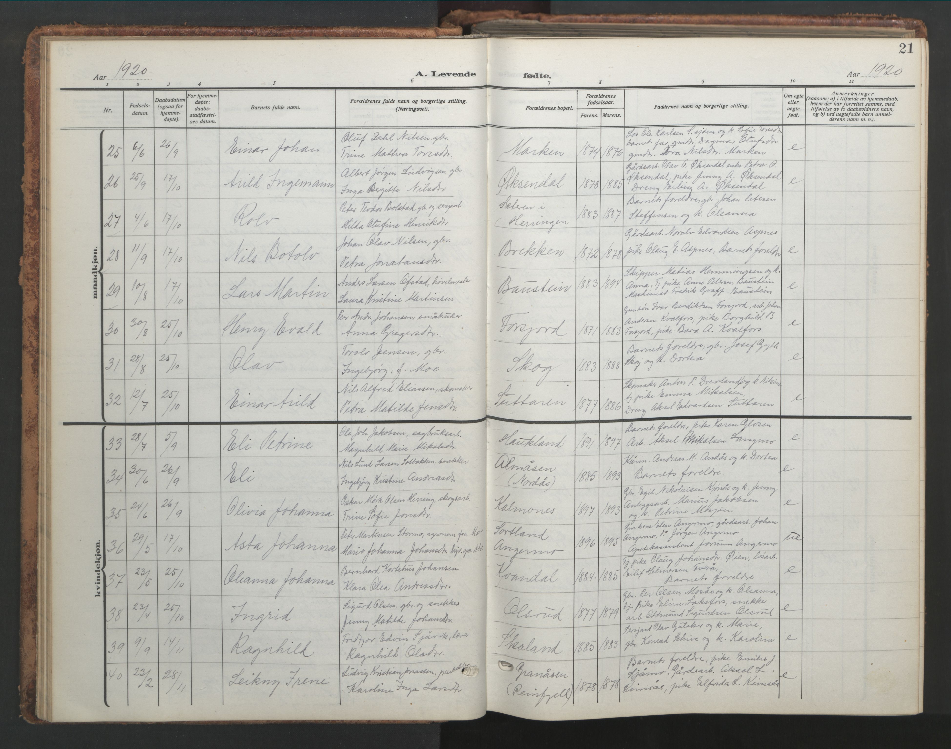 Ministerialprotokoller, klokkerbøker og fødselsregistre - Nordland, AV/SAT-A-1459/820/L0302: Parish register (copy) no. 820C04, 1917-1948, p. 21