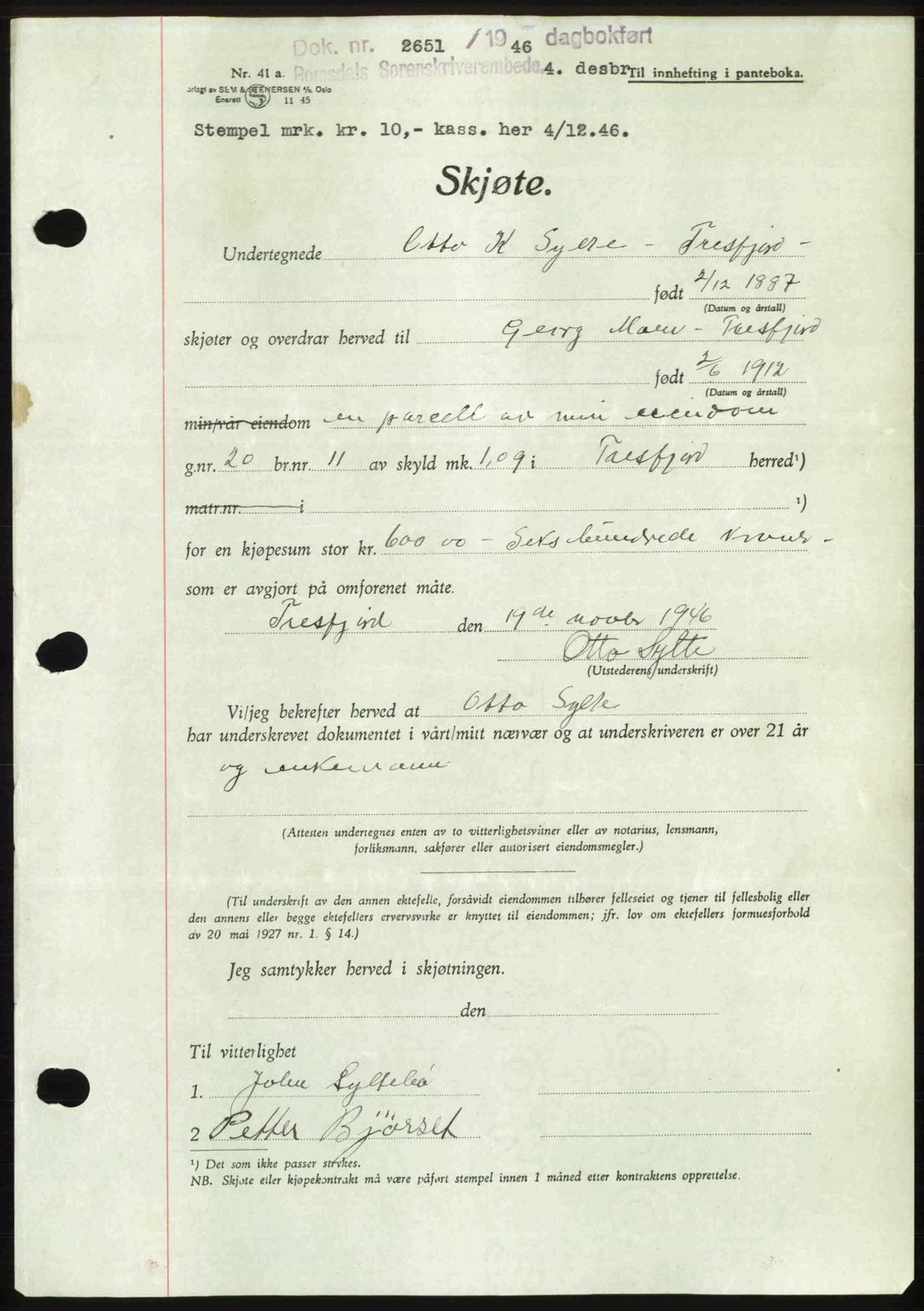 Romsdal sorenskriveri, AV/SAT-A-4149/1/2/2C: Mortgage book no. A21, 1946-1946, Diary no: : 2651/1946