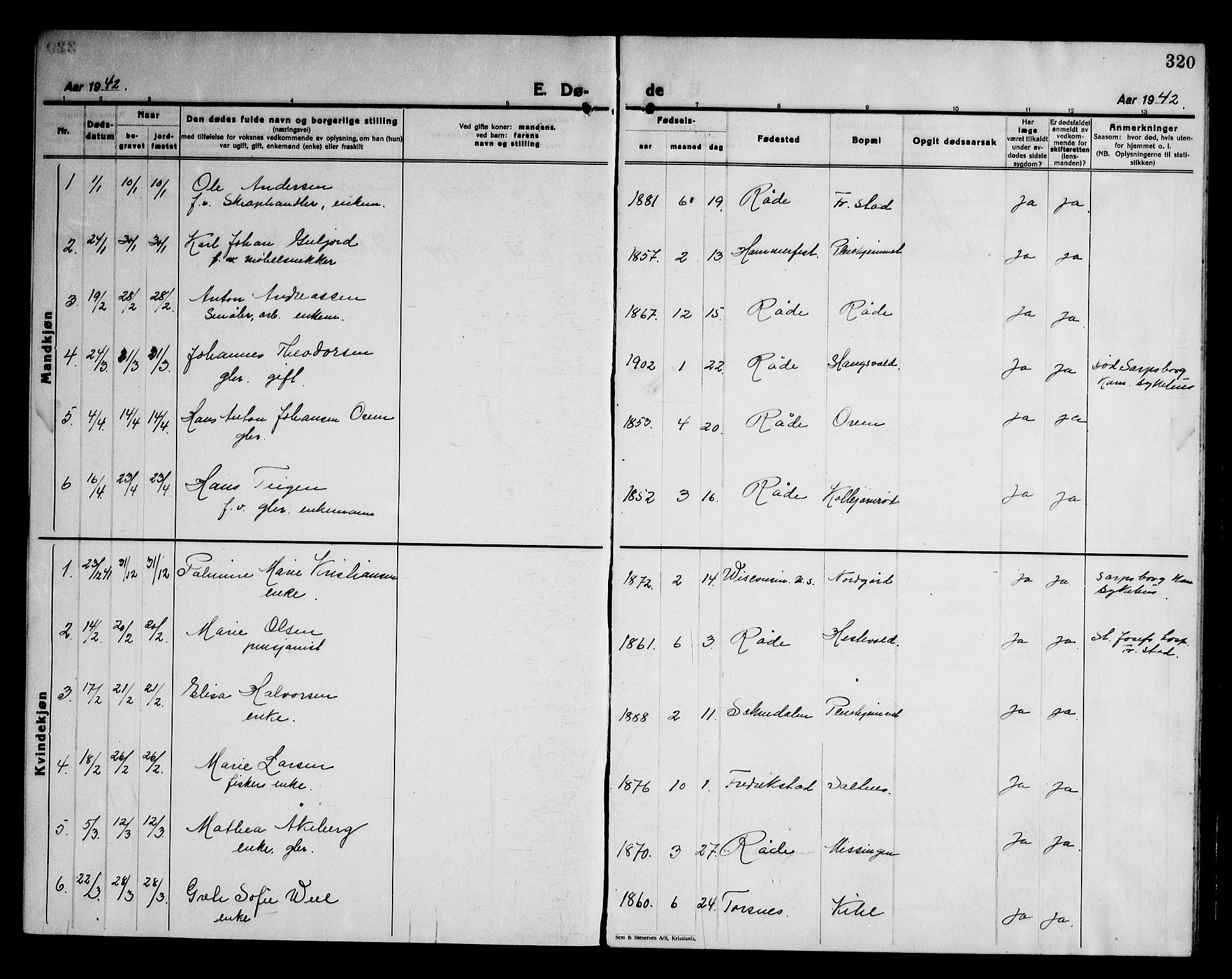 Råde prestekontor kirkebøker, AV/SAO-A-2009/G/Ga/L0002: Parish register (copy) no. I 2, 1926-1947, p. 320