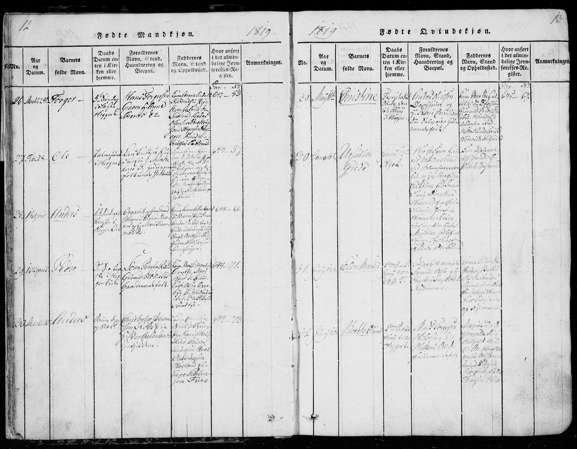 Modum kirkebøker, SAKO/A-234/G/Ga/L0001: Parish register (copy) no. I 1, 1818-1824, p. 12-13