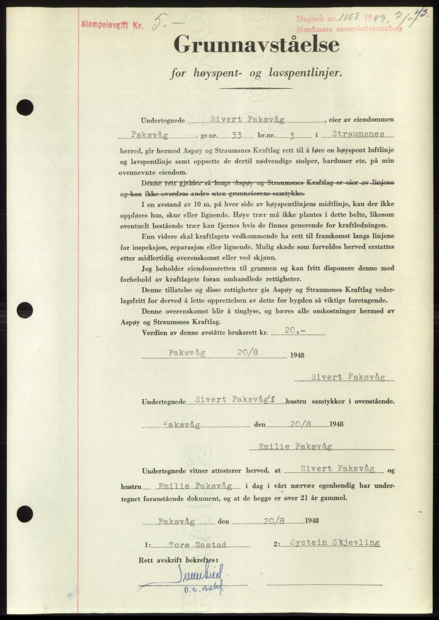 Nordmøre sorenskriveri, AV/SAT-A-4132/1/2/2Ca: Mortgage book no. B102, 1949-1949, Diary no: : 1868/1949