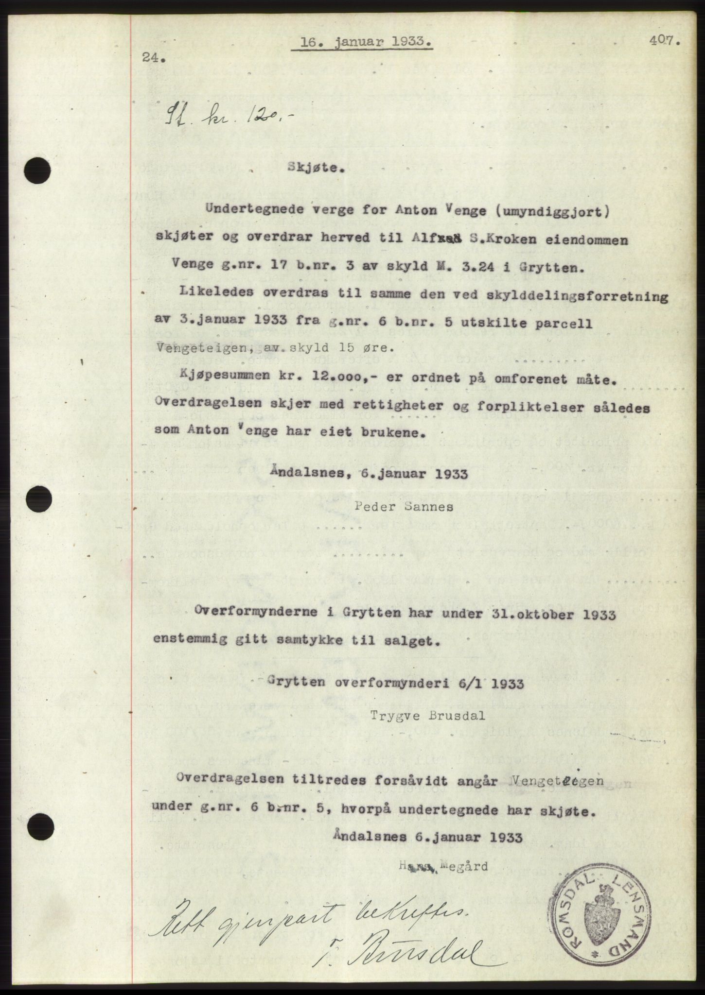 Romsdal sorenskriveri, AV/SAT-A-4149/1/2/2C/L0062: Mortgage book no. 56, 1932-1933, Deed date: 16.01.1933