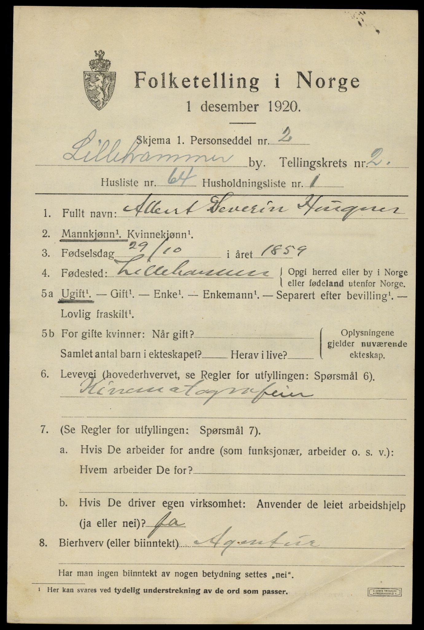 SAH, 1920 census for Lillehammer, 1920, p. 5624