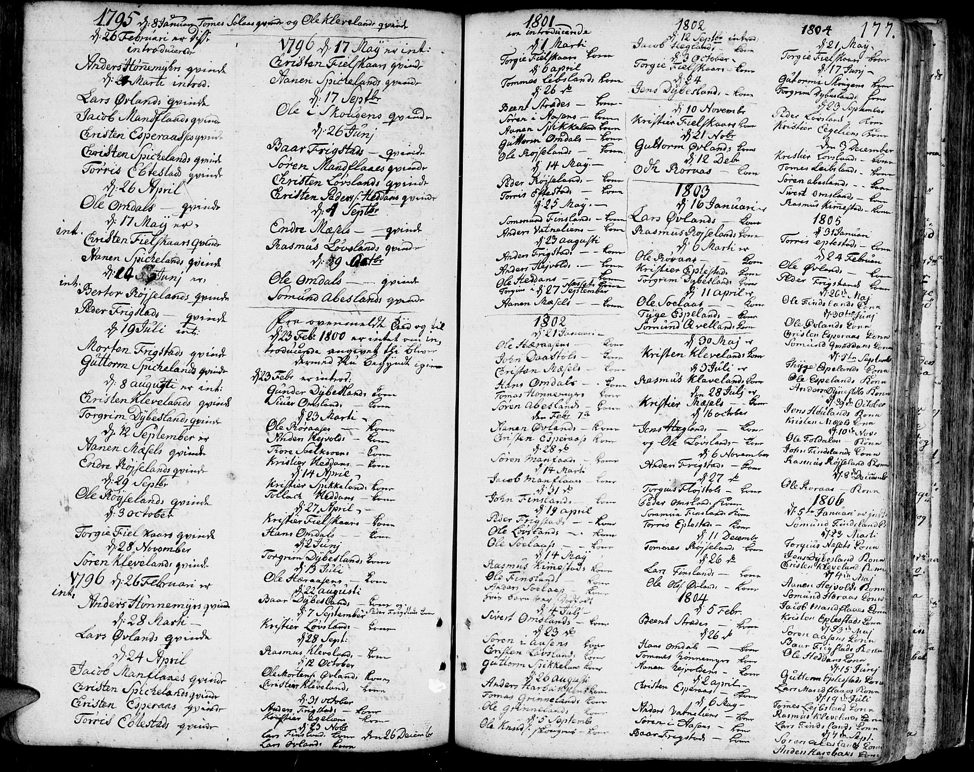 Bjelland sokneprestkontor, SAK/1111-0005/F/Fa/Faa/L0001: Parish register (official) no. A 1 /2, 1793-1815, p. 177