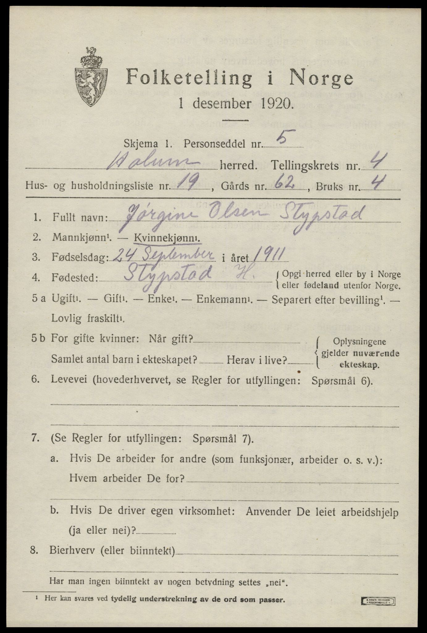 SAK, 1920 census for Holum, 1920, p. 2119