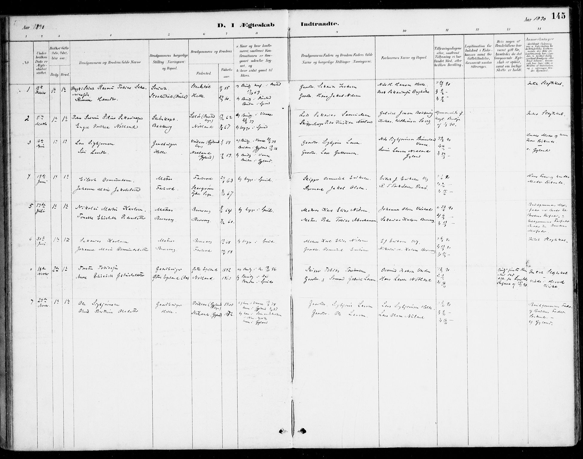 Herad sokneprestkontor, SAK/1111-0018/F/Fa/Fab/L0005: Parish register (official) no. A 5, 1886-1913, p. 145