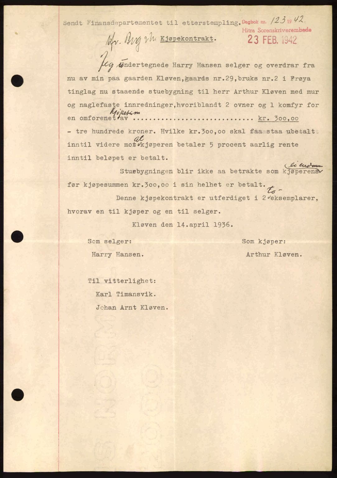Hitra sorenskriveri, AV/SAT-A-0018/2/2C/2Ca: Mortgage book no. B1, 1939-1949, Diary no: : 123/1942
