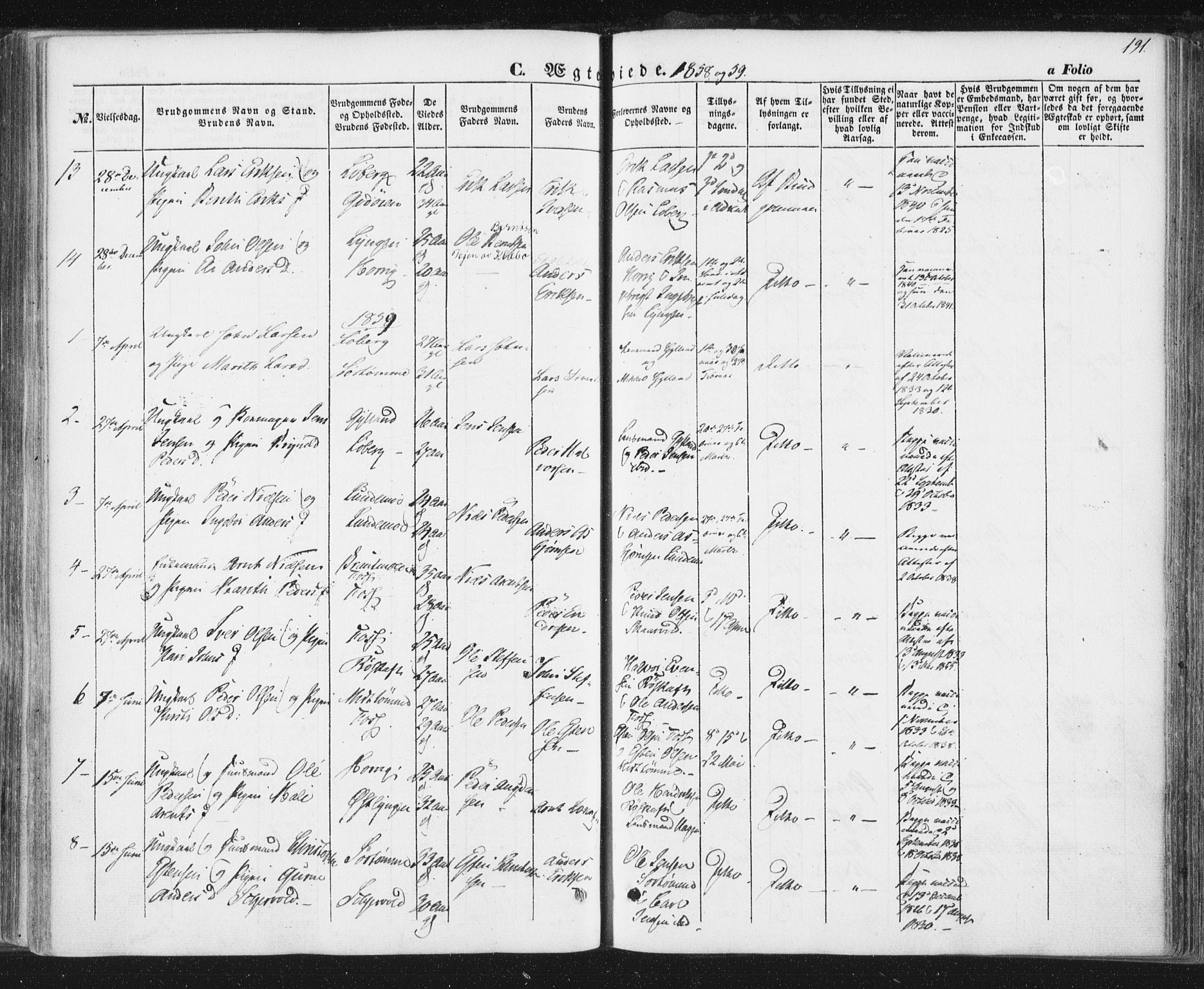 Ministerialprotokoller, klokkerbøker og fødselsregistre - Sør-Trøndelag, SAT/A-1456/692/L1103: Parish register (official) no. 692A03, 1849-1870, p. 191