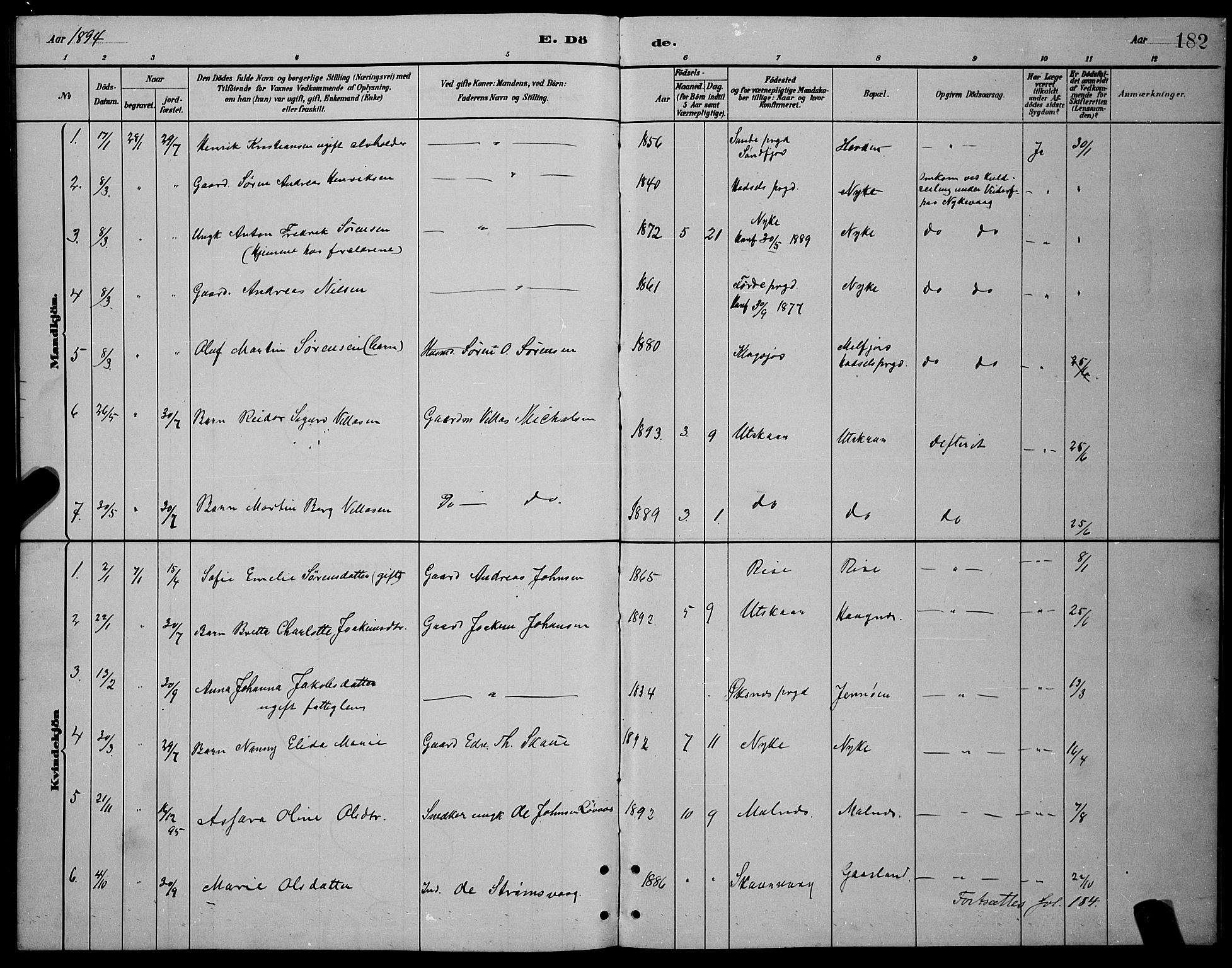 Ministerialprotokoller, klokkerbøker og fødselsregistre - Nordland, AV/SAT-A-1459/892/L1325: Parish register (copy) no. 892C02, 1878-1896, p. 182