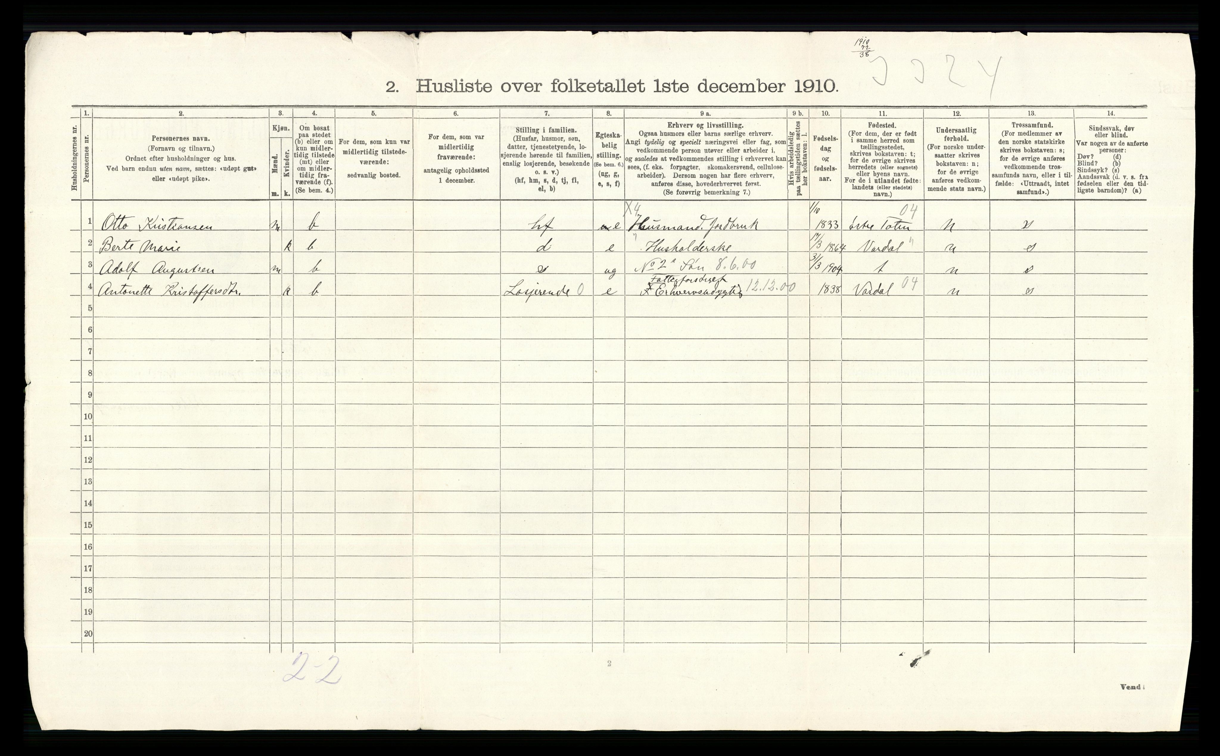 RA, 1910 census for Vestre Toten, 1910, p. 46