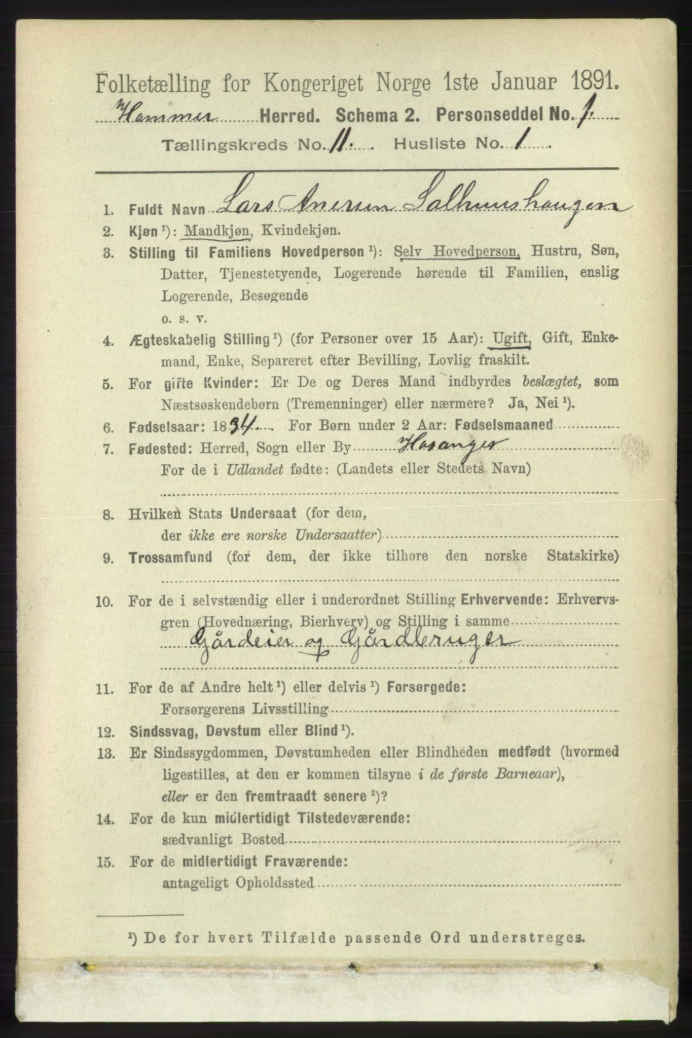 RA, 1891 census for 1254 Hamre, 1891, p. 3145