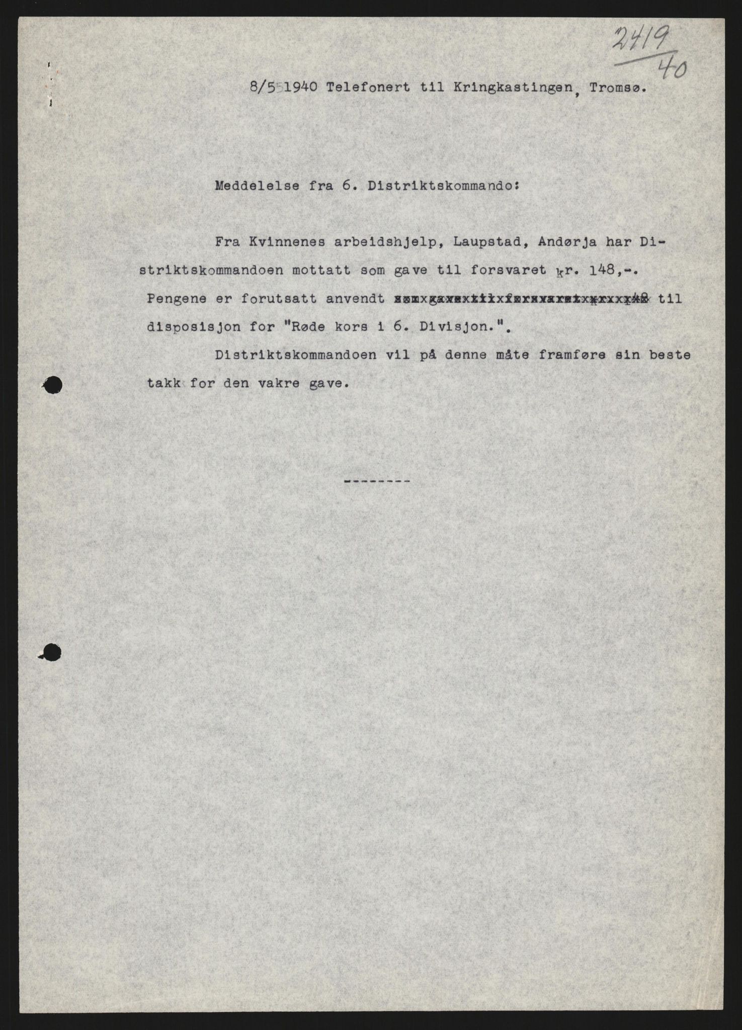 Forsvaret, Forsvarets krigshistoriske avdeling, AV/RA-RAFA-2017/Y/Yb/L0123: II-C-11-600  -  6. Divisjon med avdelinger, 1940, p. 446