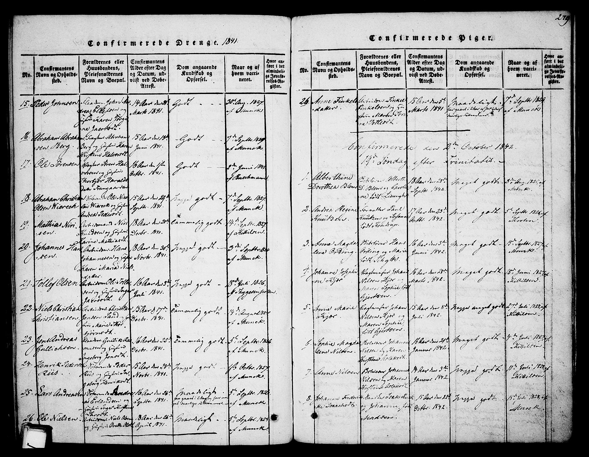 Skien kirkebøker, SAKO/A-302/F/Fa/L0005: Parish register (official) no. 5, 1814-1843, p. 279