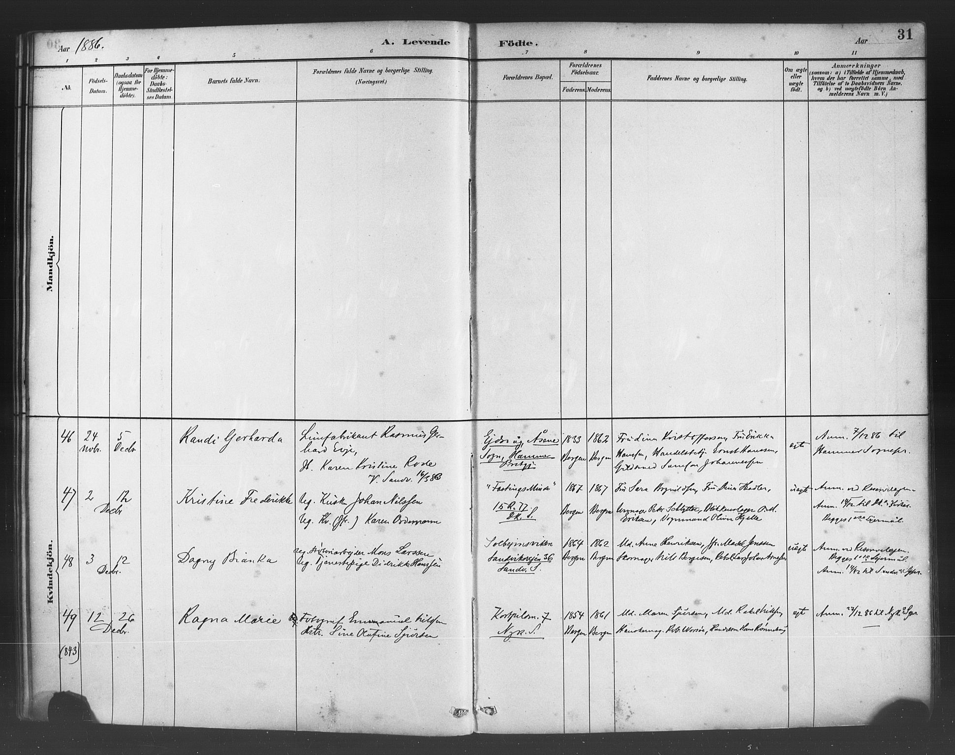Fødselsstiftelsens sokneprestembete*, SAB/-: Parish register (official) no. A 2, 1884-1900, p. 31
