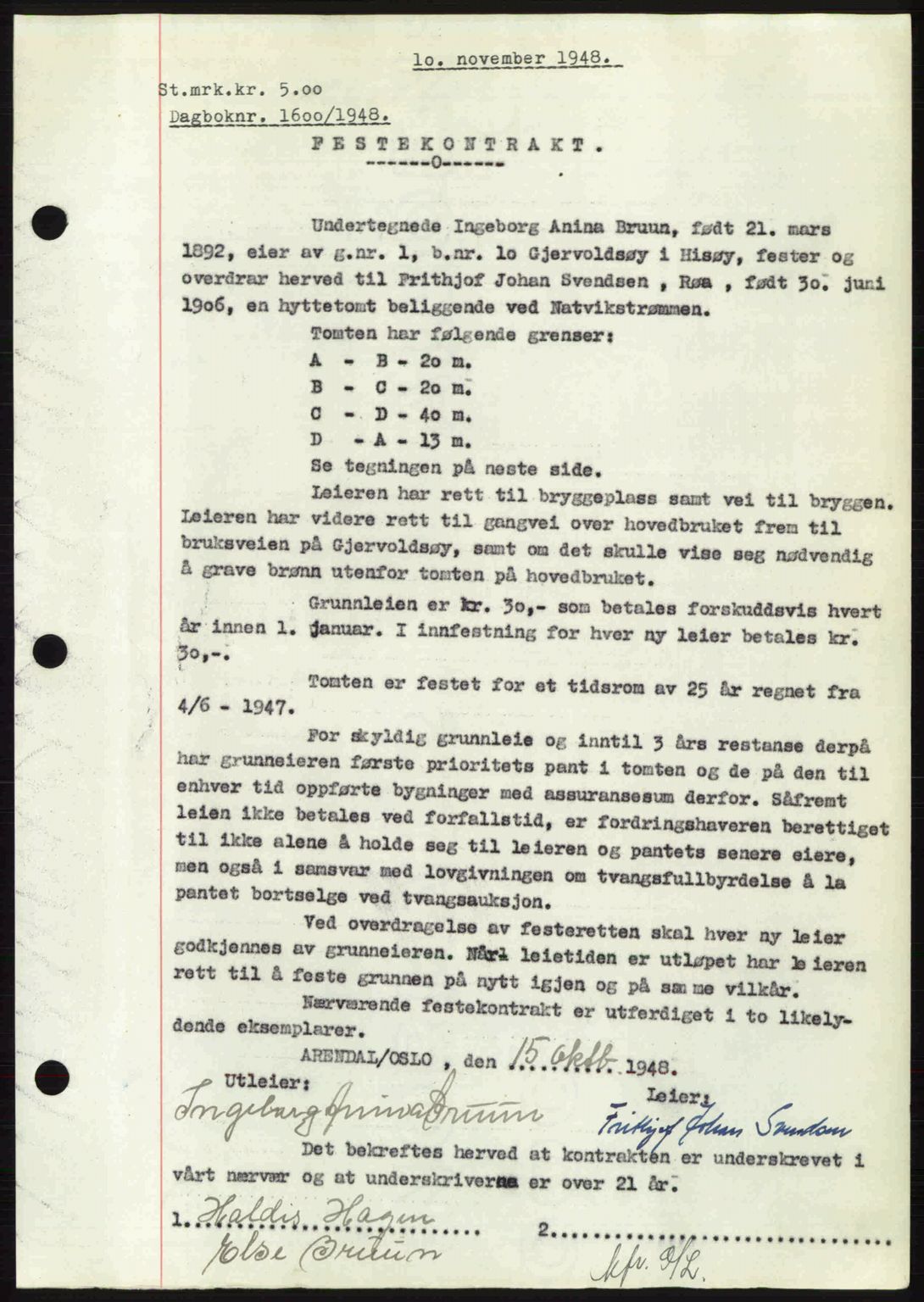 Nedenes sorenskriveri, SAK/1221-0006/G/Gb/Gba/L0059: Mortgage book no. A11, 1948-1948, Diary no: : 1600/1948