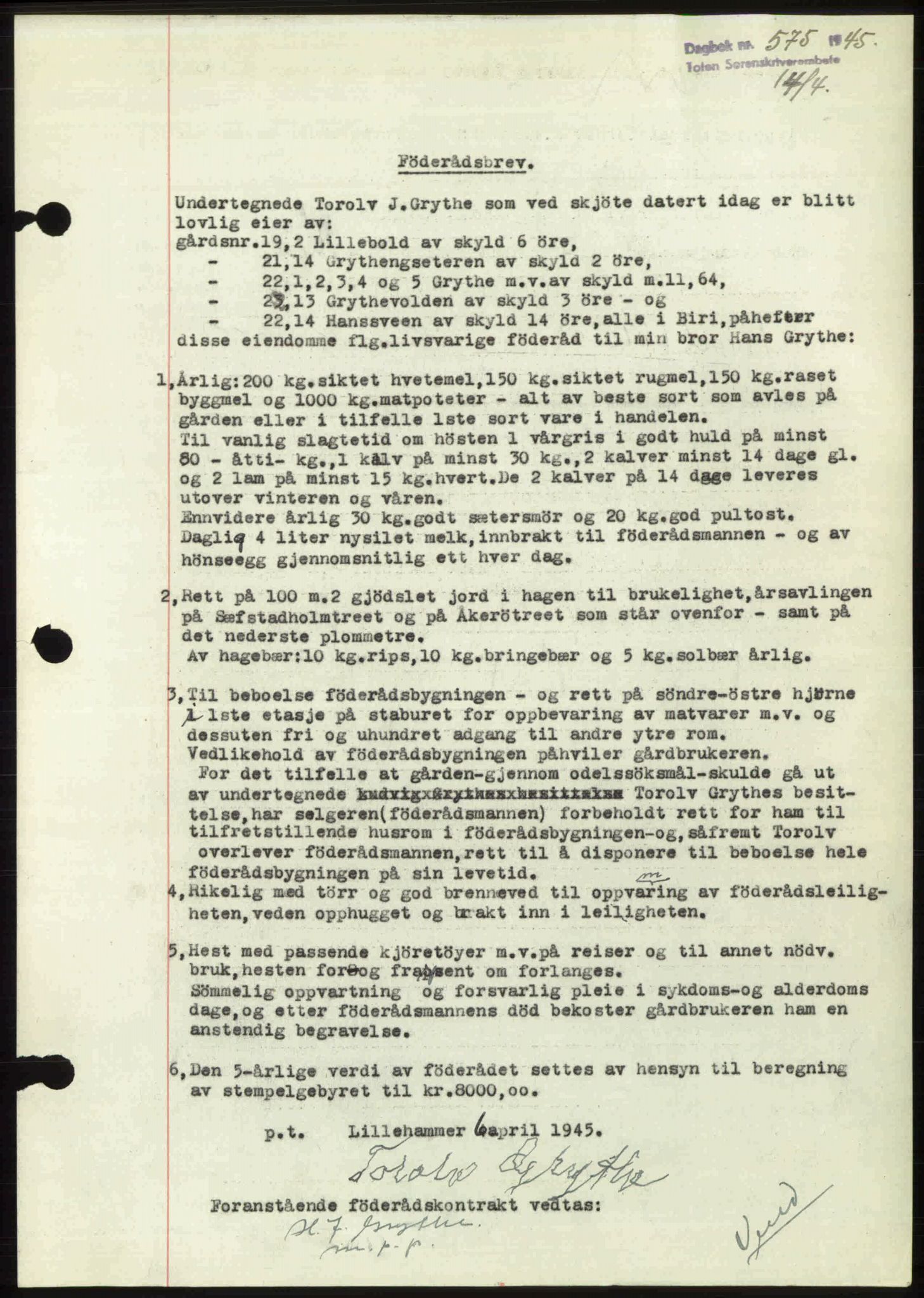 Toten tingrett, SAH/TING-006/H/Hb/Hbc/L0013: Mortgage book no. Hbc-13, 1945-1945, Diary no: : 575/1945
