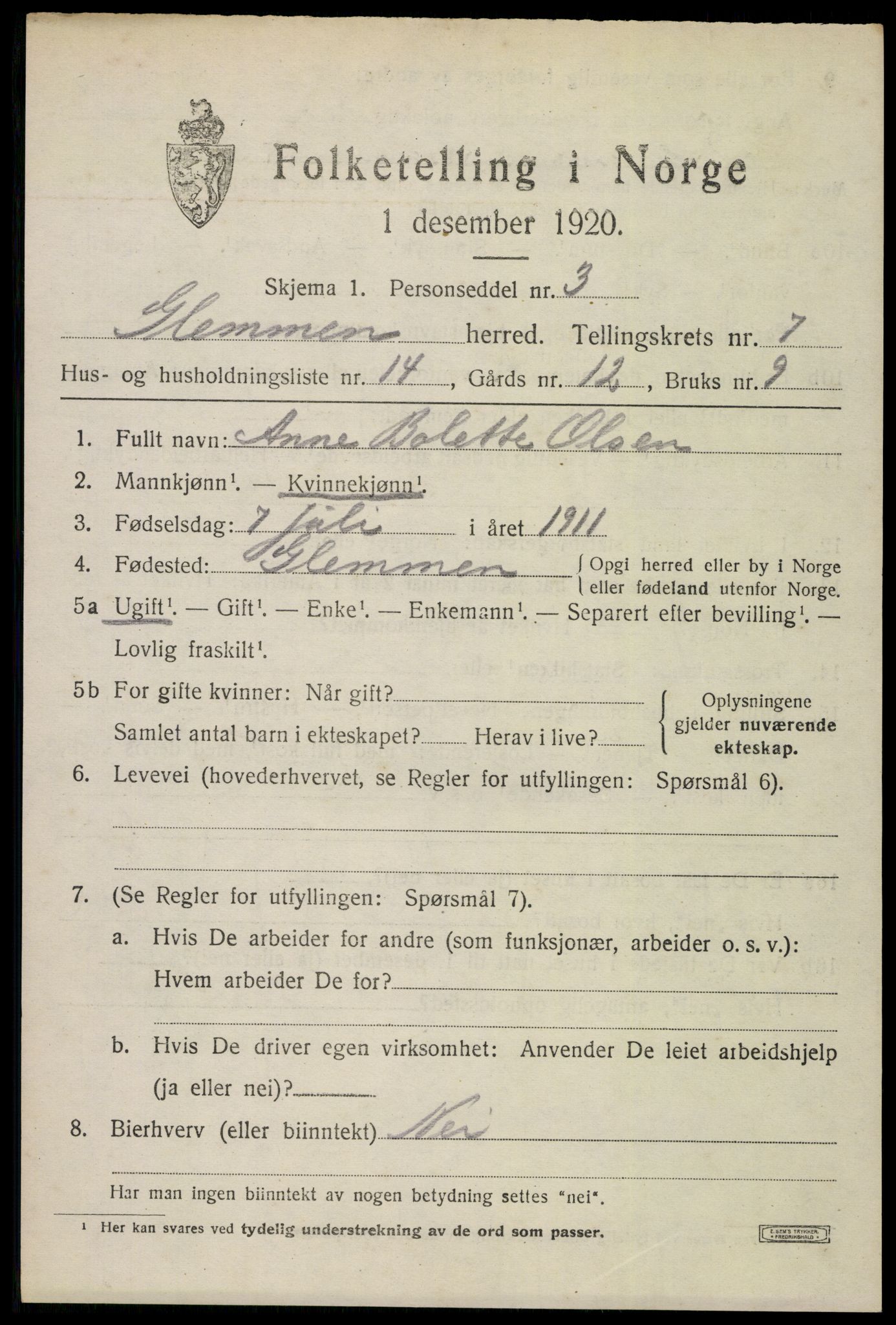 SAO, 1920 census for Glemmen, 1920, p. 23753