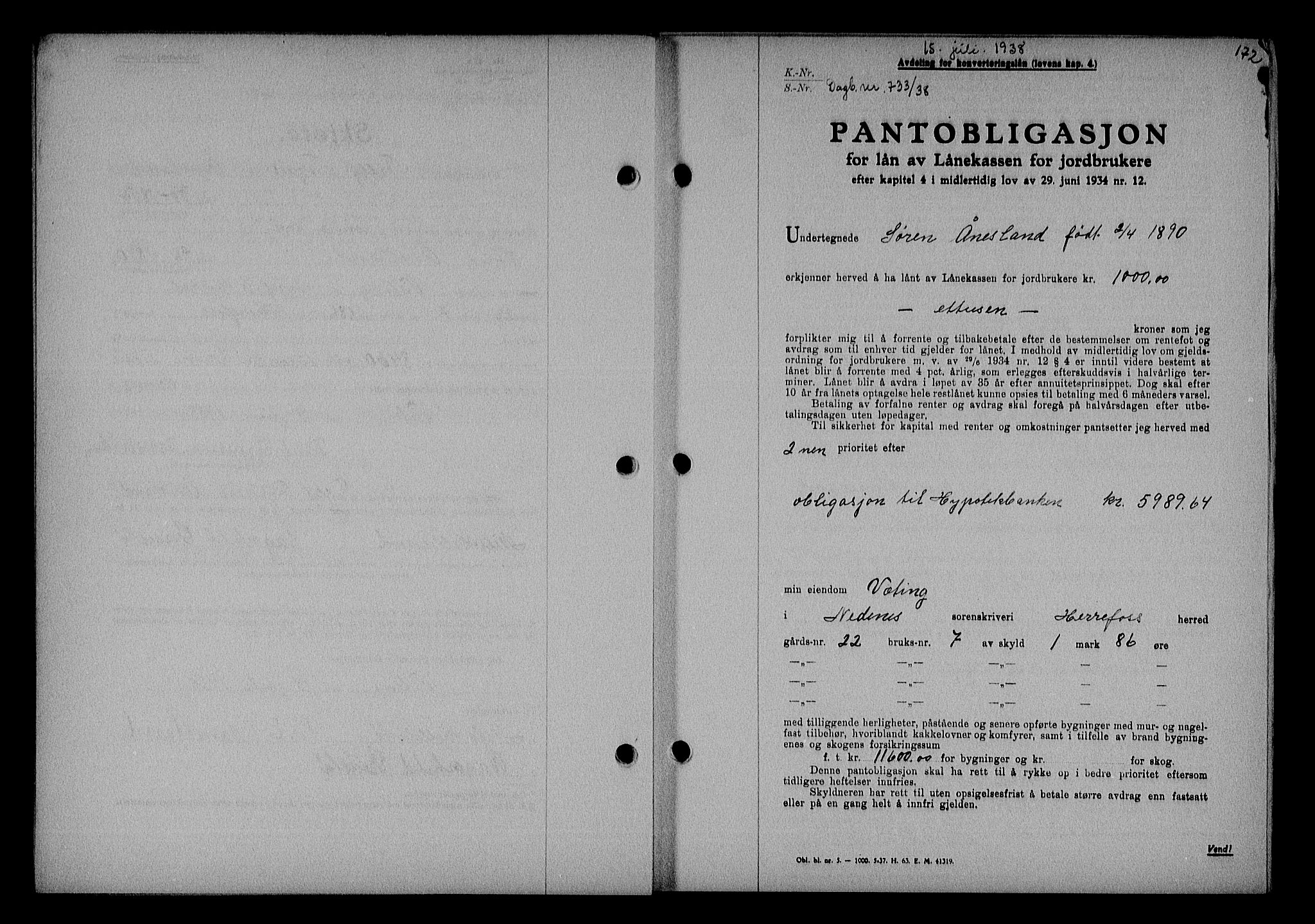Nedenes sorenskriveri, SAK/1221-0006/G/Gb/Gba/L0045: Mortgage book no. 41, 1938-1938, Diary no: : 733/1938