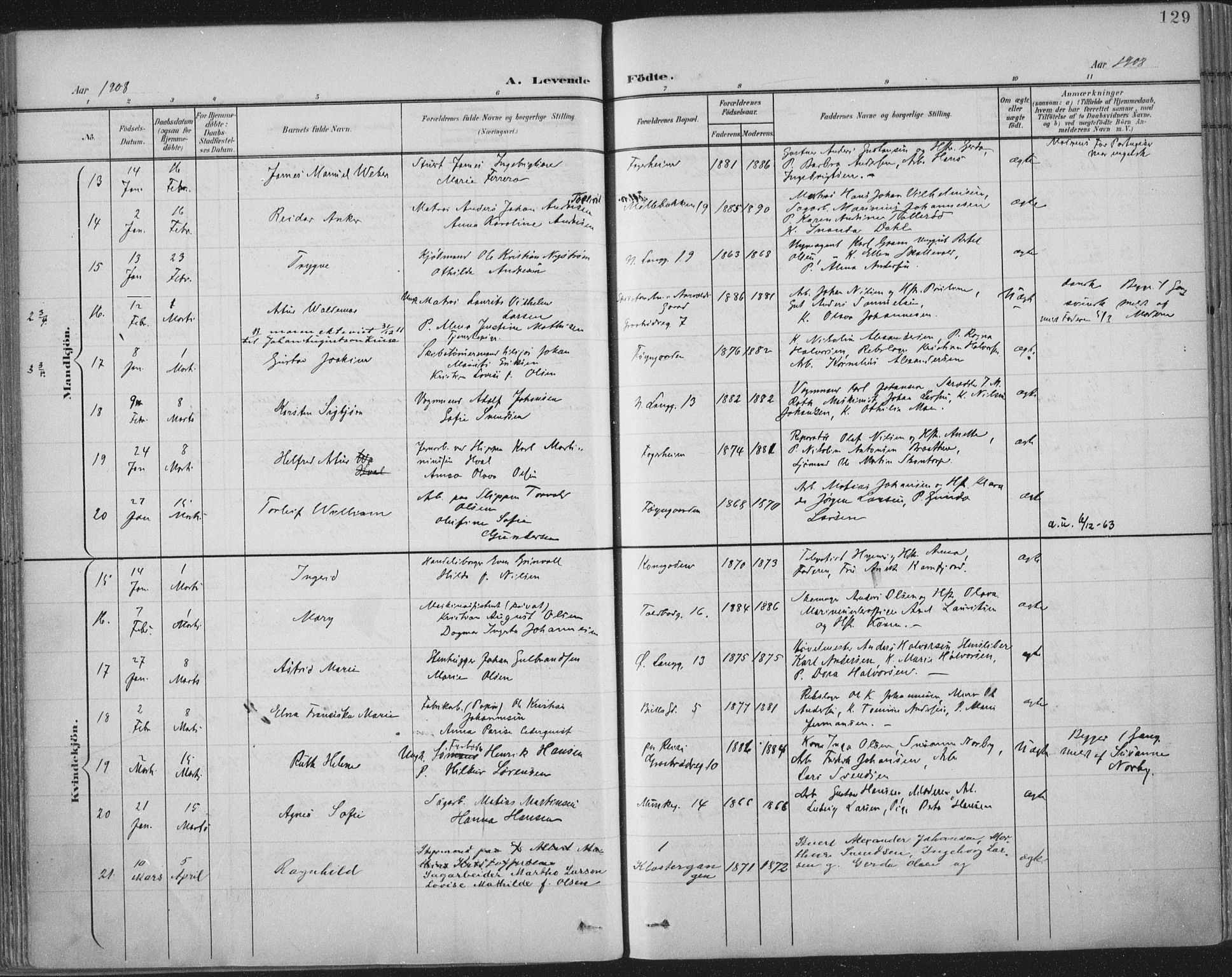 Tønsberg kirkebøker, SAKO/A-330/F/Fa/L0014: Parish register (official) no. I 14, 1900-1913, p. 129