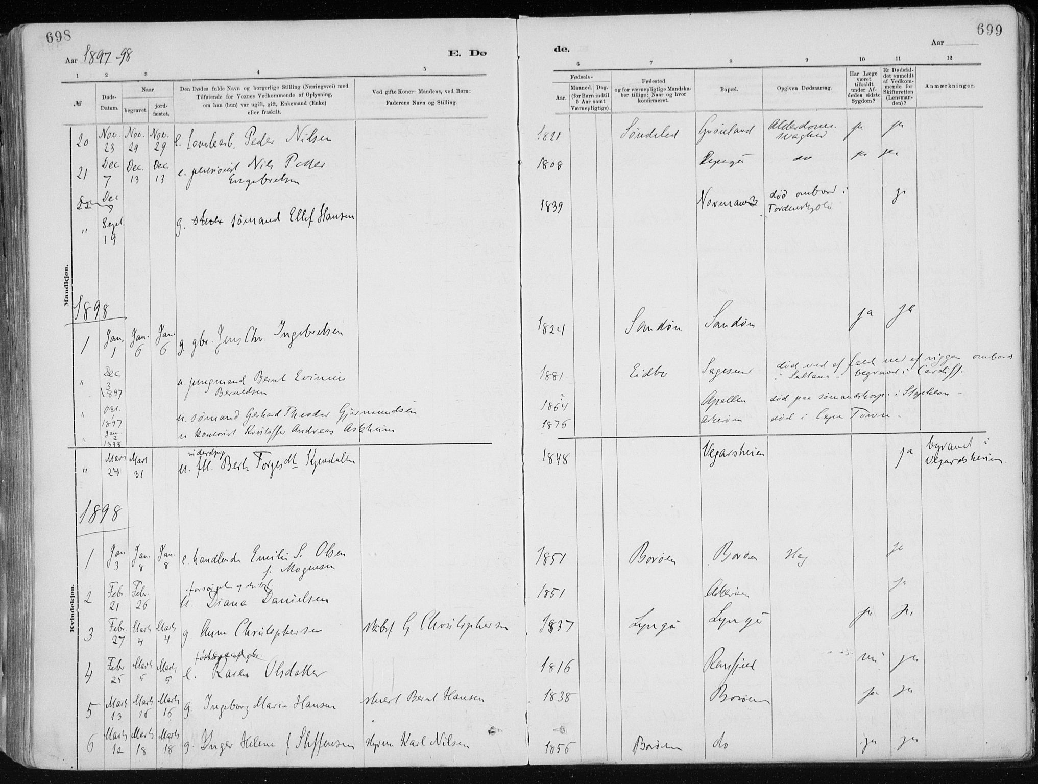 Dypvåg sokneprestkontor, SAK/1111-0007/F/Fa/Faa/L0008: Parish register (official) no. A 8, 1885-1906, p. 698-699