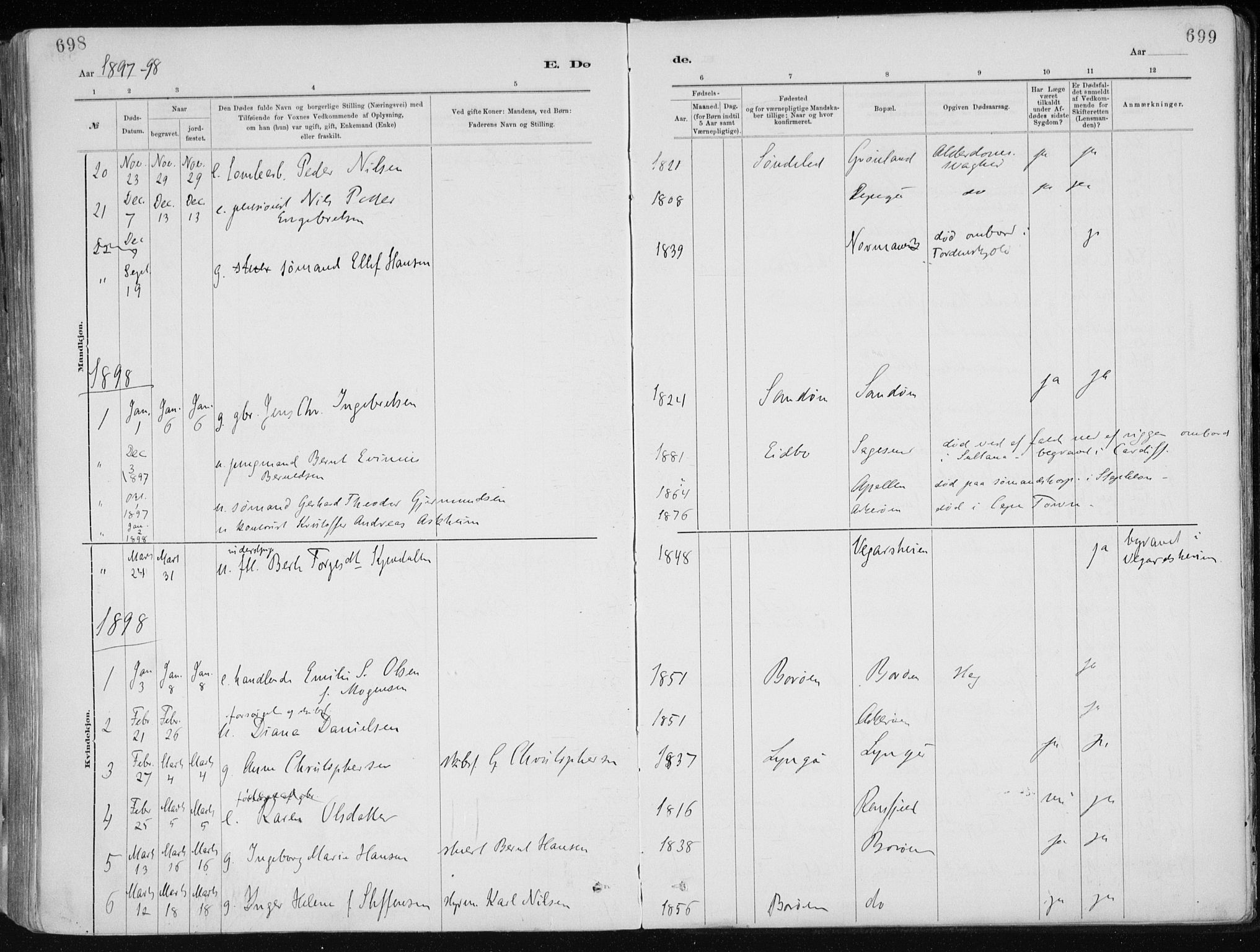 Dypvåg sokneprestkontor, AV/SAK-1111-0007/F/Fa/Faa/L0008: Parish register (official) no. A 8, 1885-1906, p. 698-699