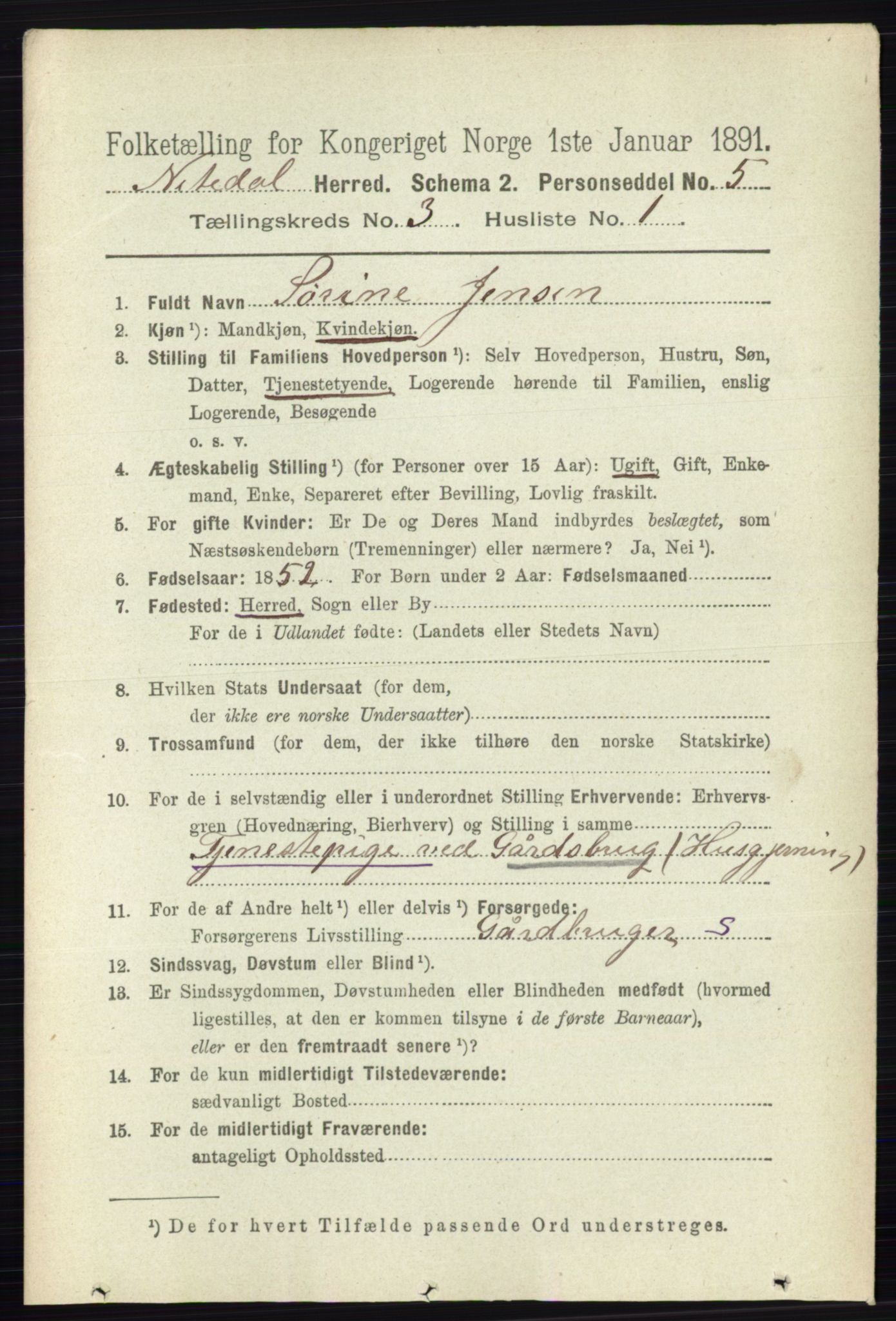 RA, 1891 census for 0233 Nittedal, 1891, p. 1207