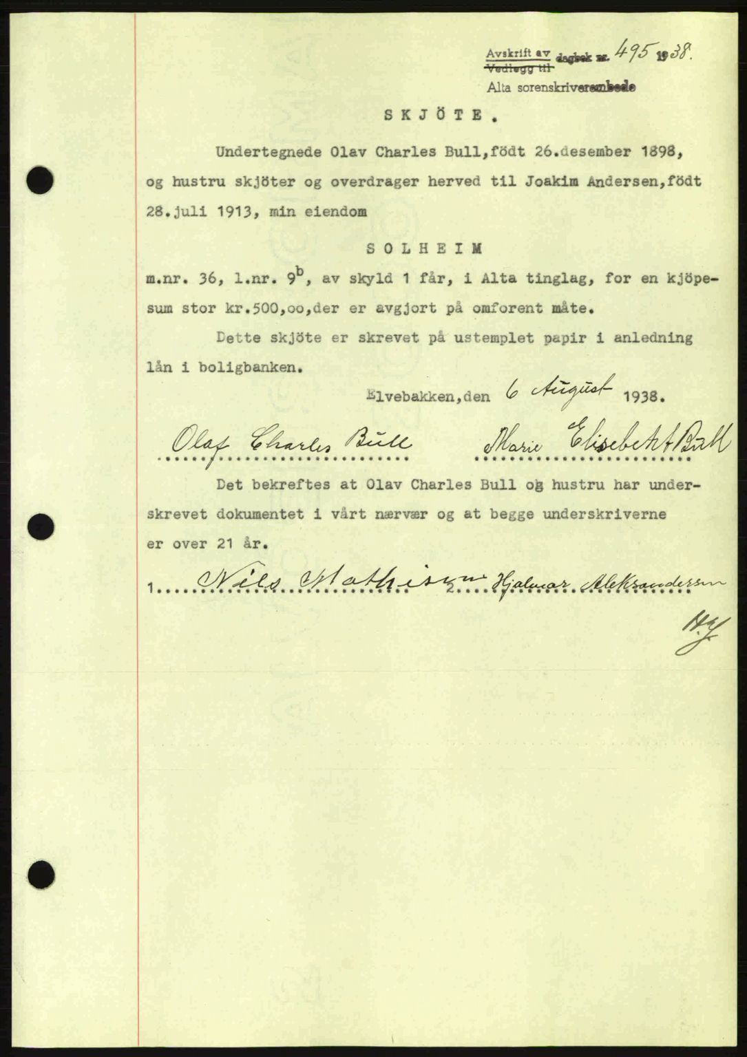 Alta fogderi/sorenskriveri, SATØ/SATØ-5/1/K/Kd/L0031pantebok: Mortgage book no. 31, 1938-1939, Diary no: : 495/1938