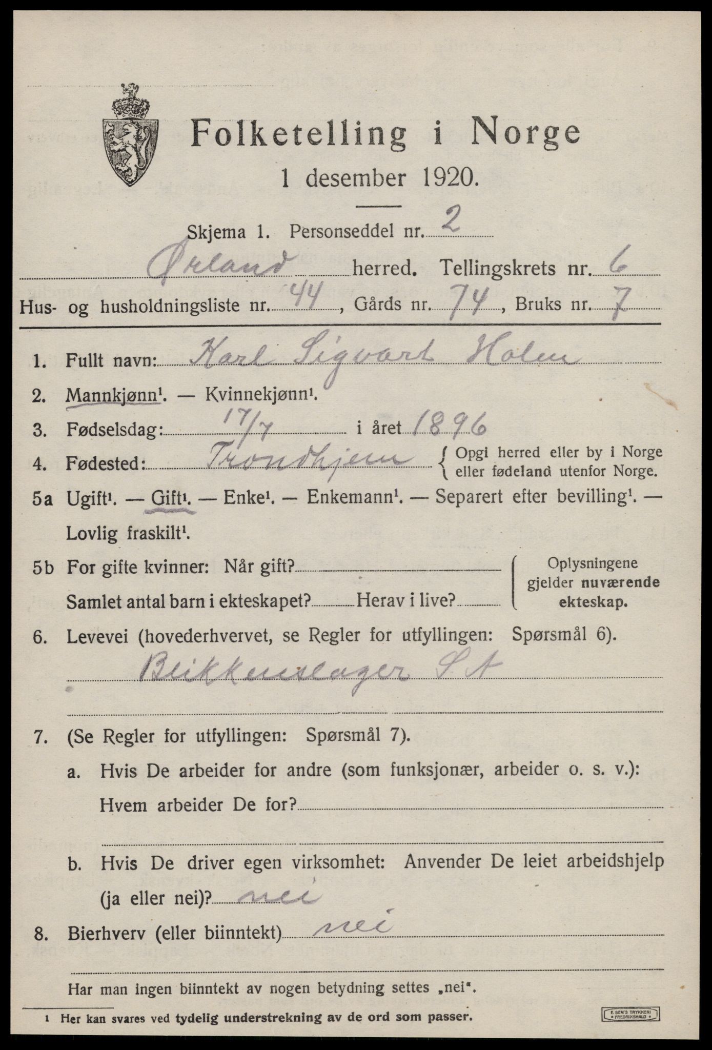 SAT, 1920 census for Ørland, 1920, p. 5393