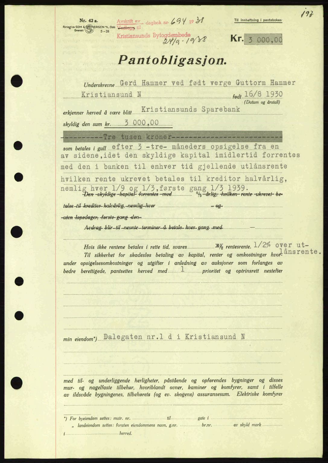 Kristiansund byfogd, SAT/A-4587/A/27: Mortgage book no. 31, 1938-1939, Diary no: : 694/1938