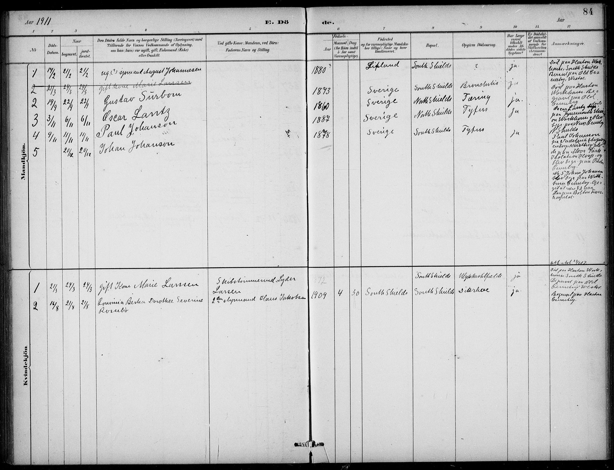 Den norske sjømannsmisjon i utlandet/Tyne-havnene (North Shields og New Castle), SAB/SAB/PA-0101/H/Ha/L0002: Parish register (official) no. A 2, 1883-1938, p. 84