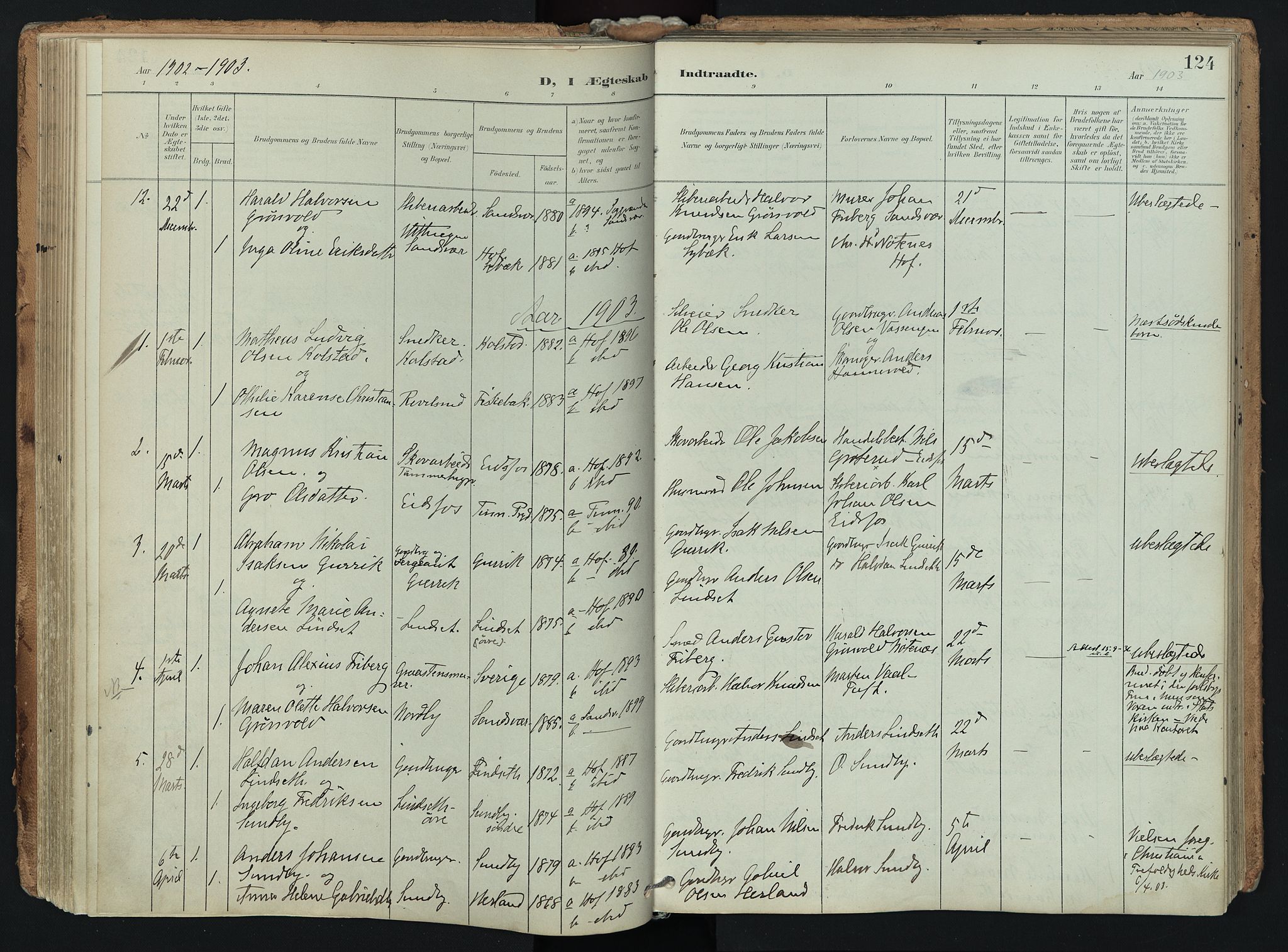 Hof kirkebøker, AV/SAKO-A-64/F/Fa/L0008: Parish register (official) no. I 8, 1902-1921, p. 124