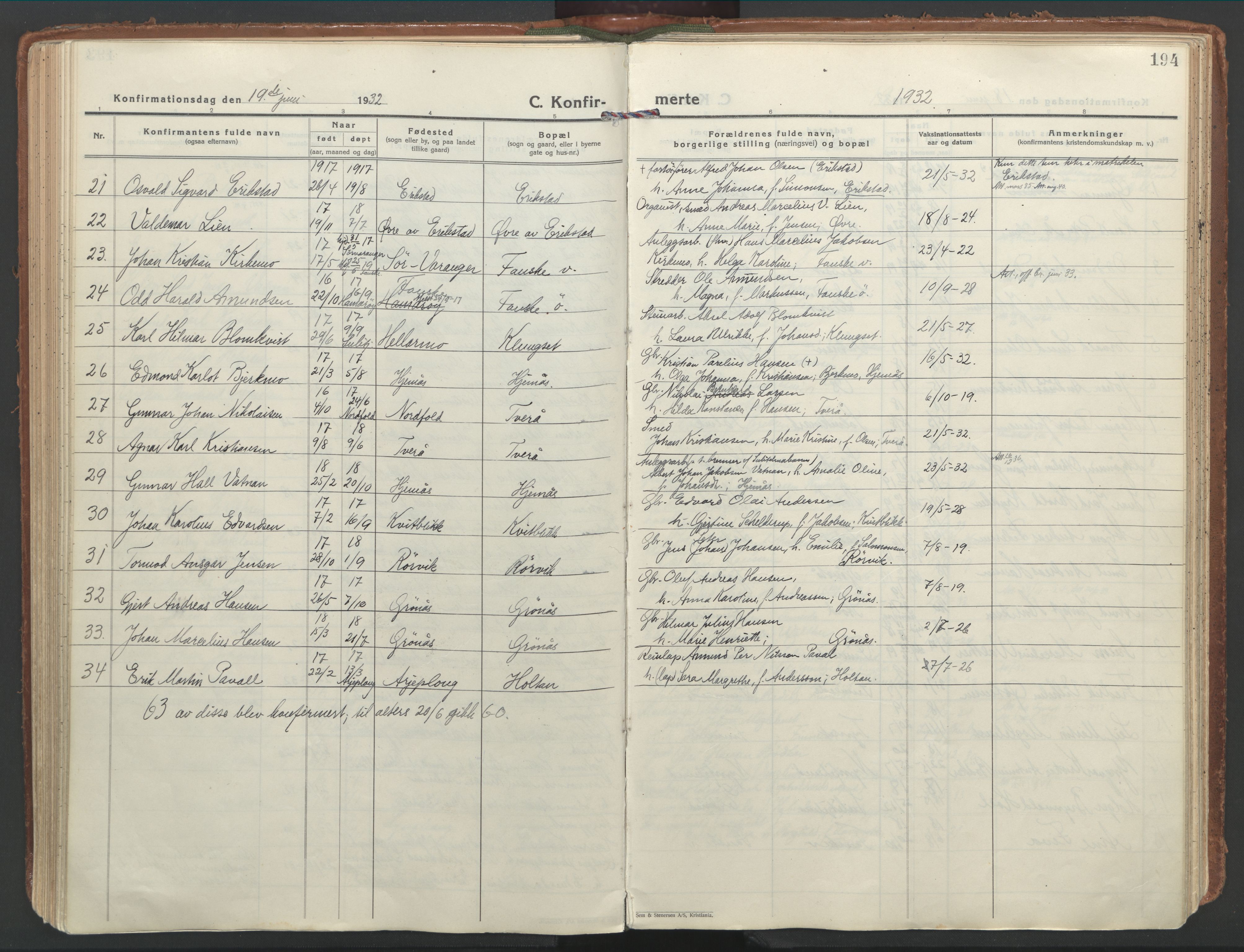 Ministerialprotokoller, klokkerbøker og fødselsregistre - Nordland, AV/SAT-A-1459/849/L0699: Parish register (official) no. 849A10, 1924-1937, p. 194