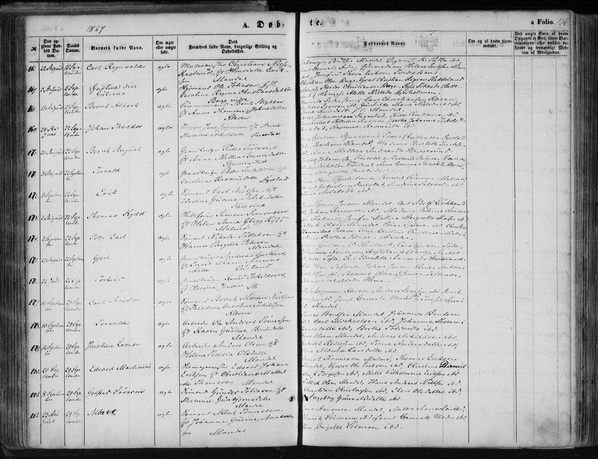 Mandal sokneprestkontor, AV/SAK-1111-0030/F/Fa/Faa/L0014: Parish register (official) no. A 14, 1859-1872, p. 136