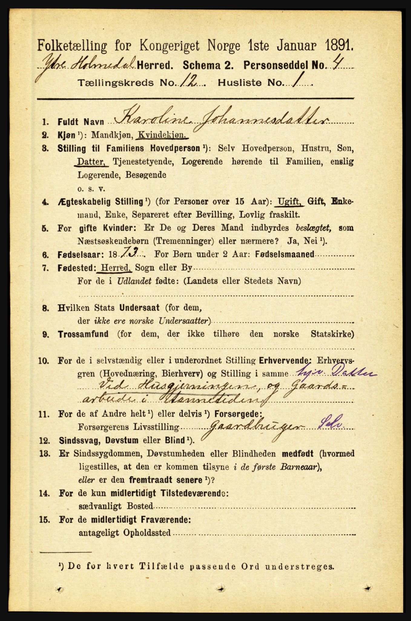 RA, 1891 census for 1429 Ytre Holmedal, 1891, p. 3181