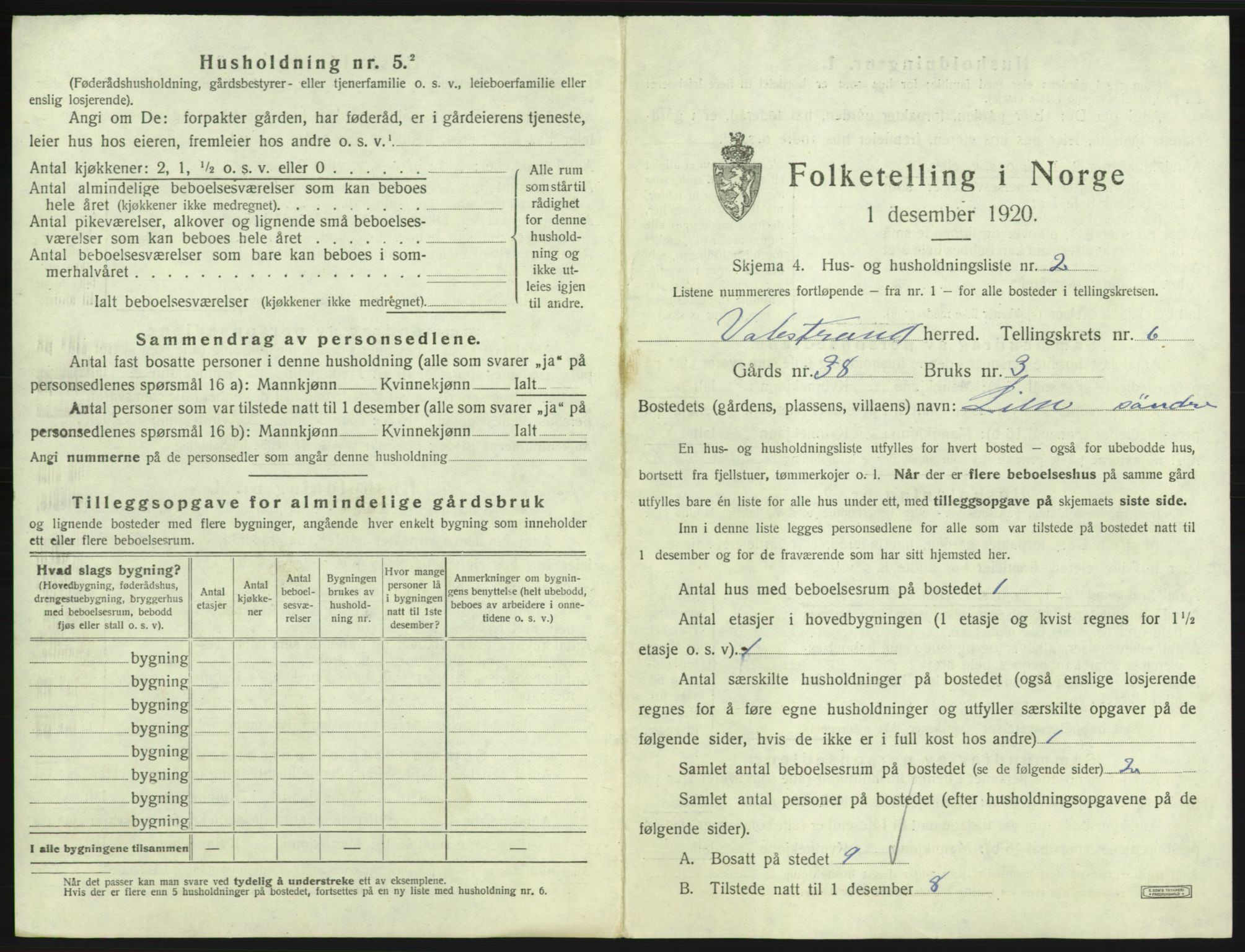 SAB, 1920 census for Valestrand, 1920, p. 377