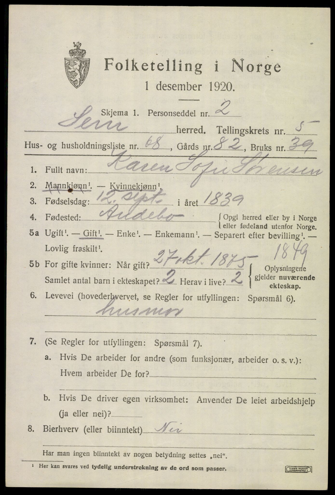 SAKO, 1920 census for Sem, 1920, p. 8521