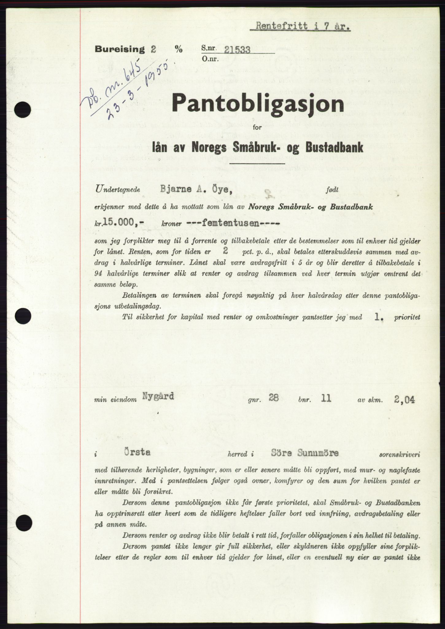 Søre Sunnmøre sorenskriveri, AV/SAT-A-4122/1/2/2C/L0126: Mortgage book no. 14B, 1954-1955, Diary no: : 645/1955