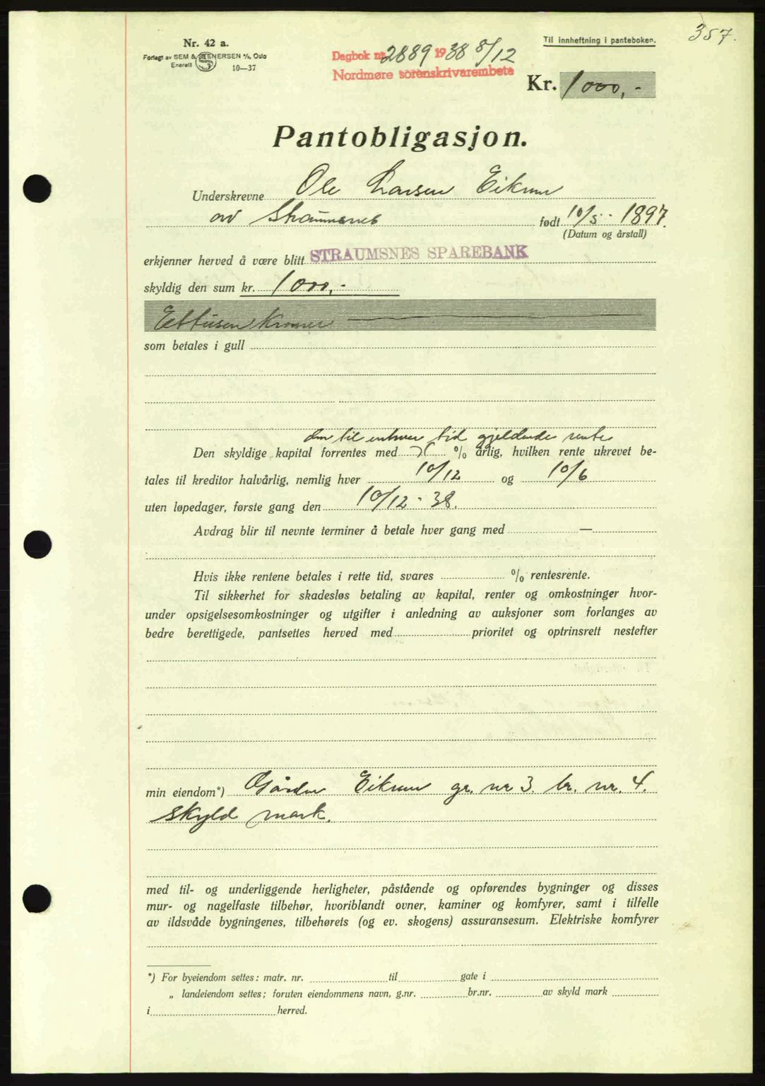 Nordmøre sorenskriveri, SAT/A-4132/1/2/2Ca: Mortgage book no. B84, 1938-1939, Diary no: : 2889/1938