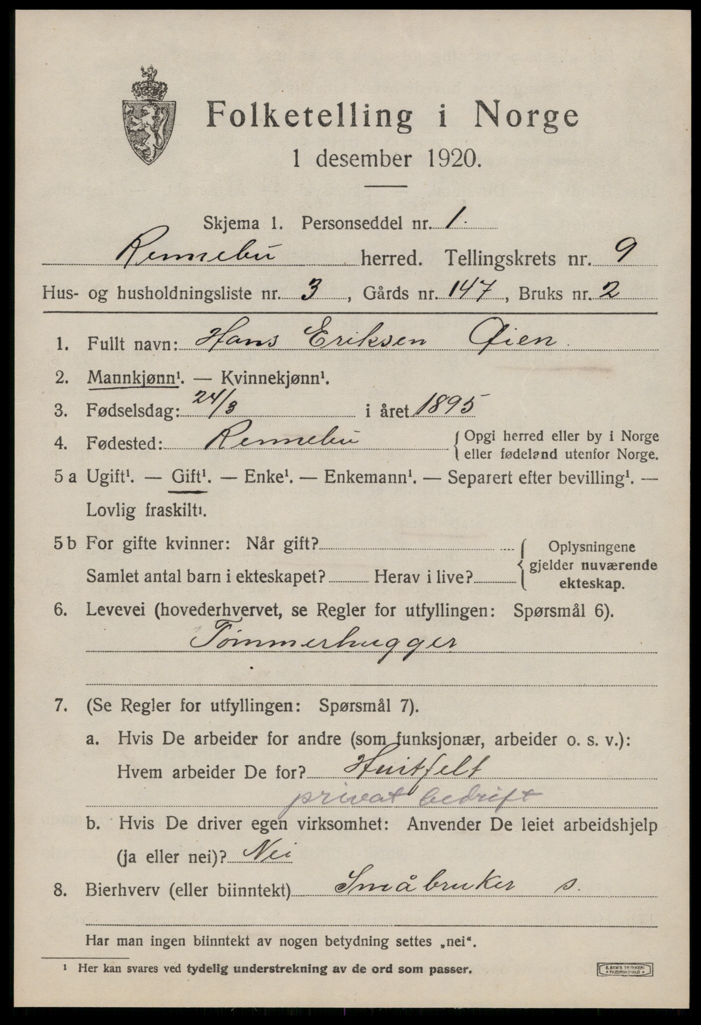 SAT, 1920 census for Rennebu, 1920, p. 5838