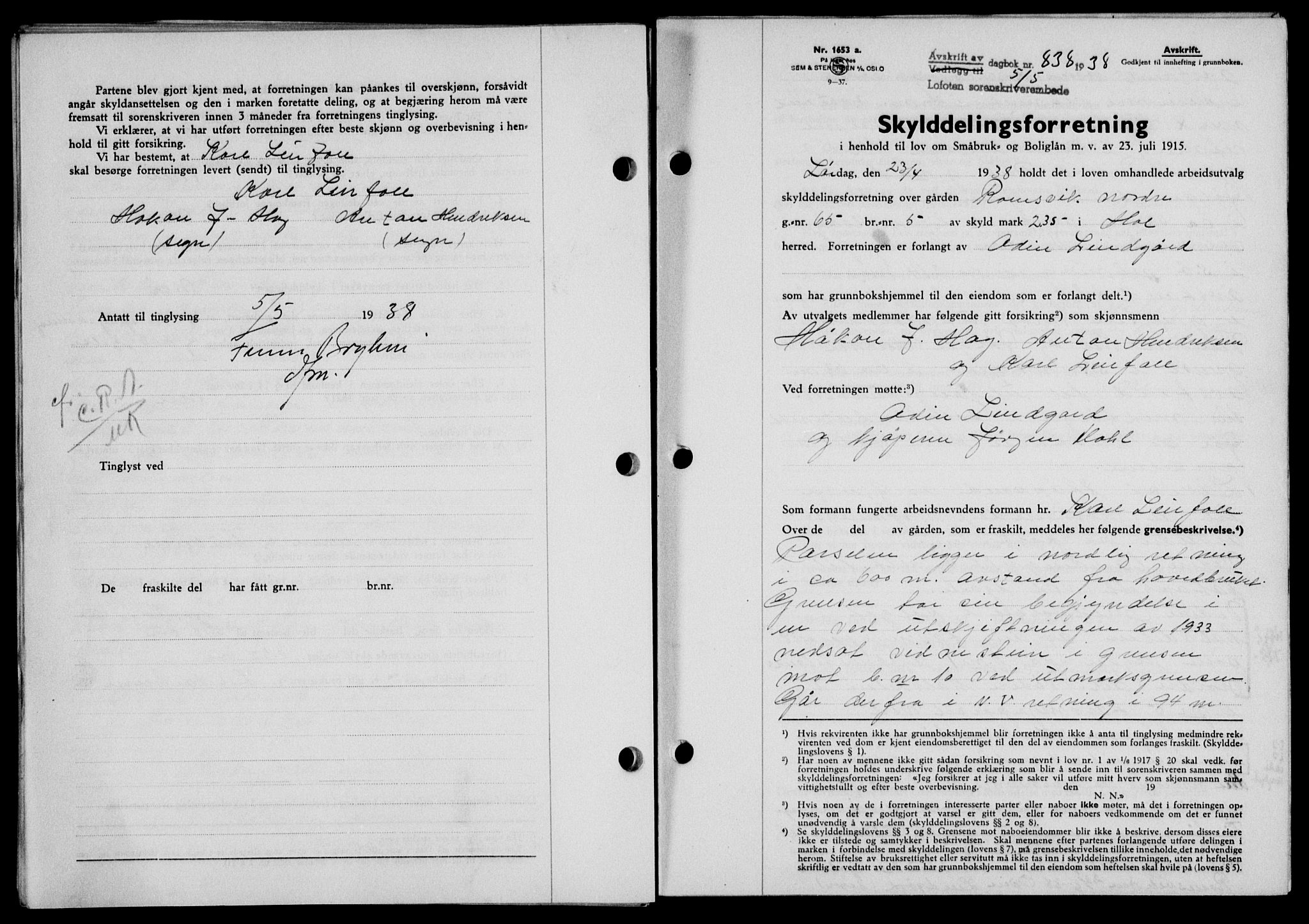 Lofoten sorenskriveri, SAT/A-0017/1/2/2C/L0004a: Mortgage book no. 4a, 1938-1938, Diary no: : 838/1938