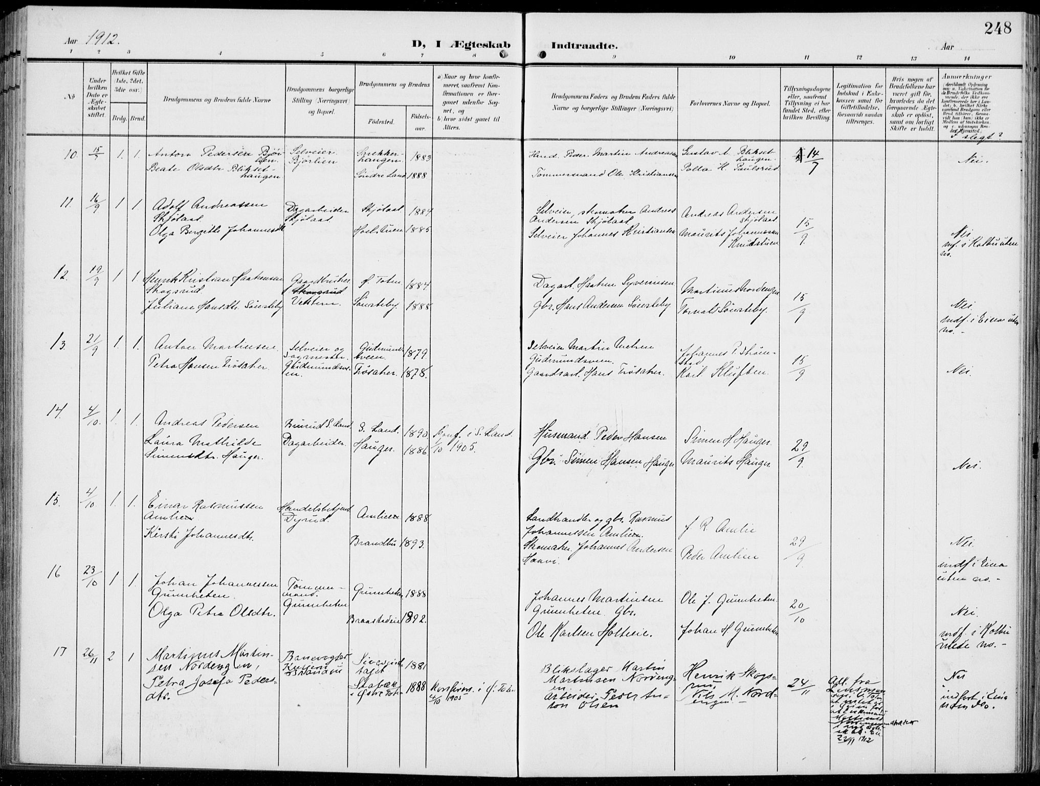 Vestre Toten prestekontor, SAH/PREST-108/H/Ha/Haa/L0014: Parish register (official) no. 14, 1907-1920, p. 248