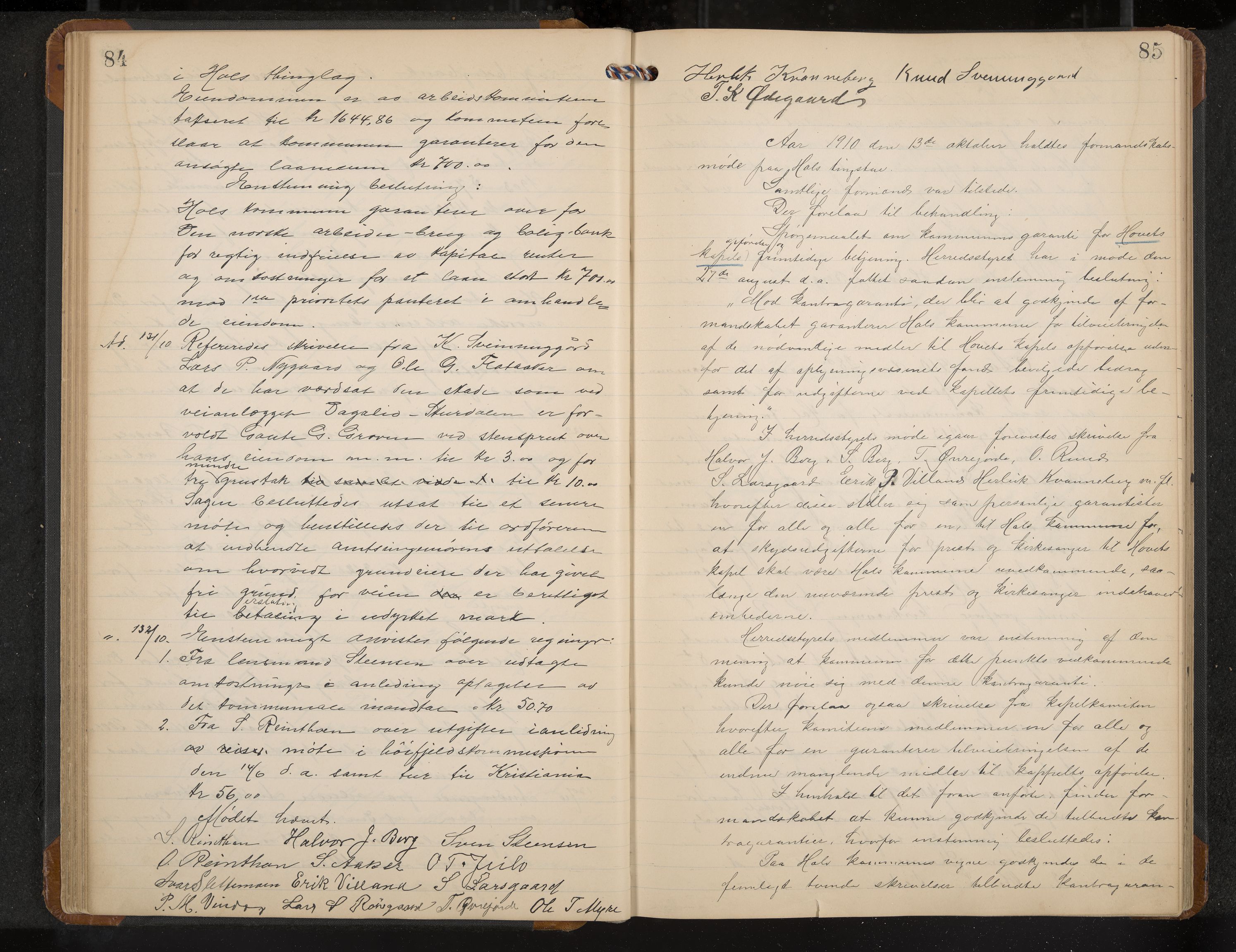 Hol formannskap og sentraladministrasjon, IKAK/0620021-1/A/L0005: Møtebok, 1909-1915, p. 84-85