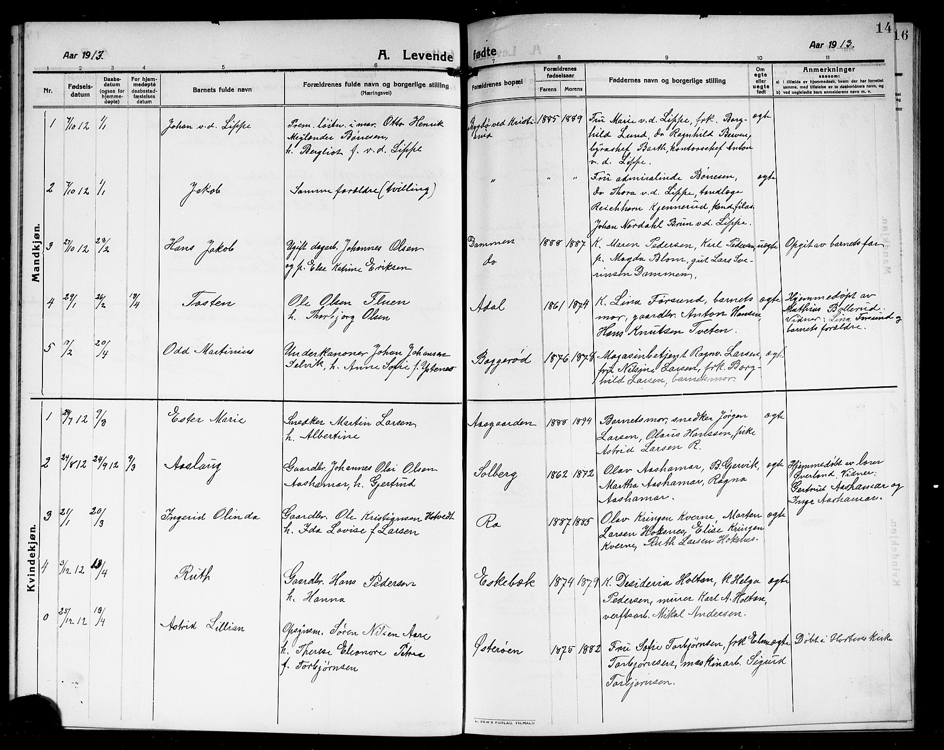 Borre kirkebøker, AV/SAKO-A-338/G/Ga/L0006: Parish register (copy) no. I 6, 1911-1919, p. 14