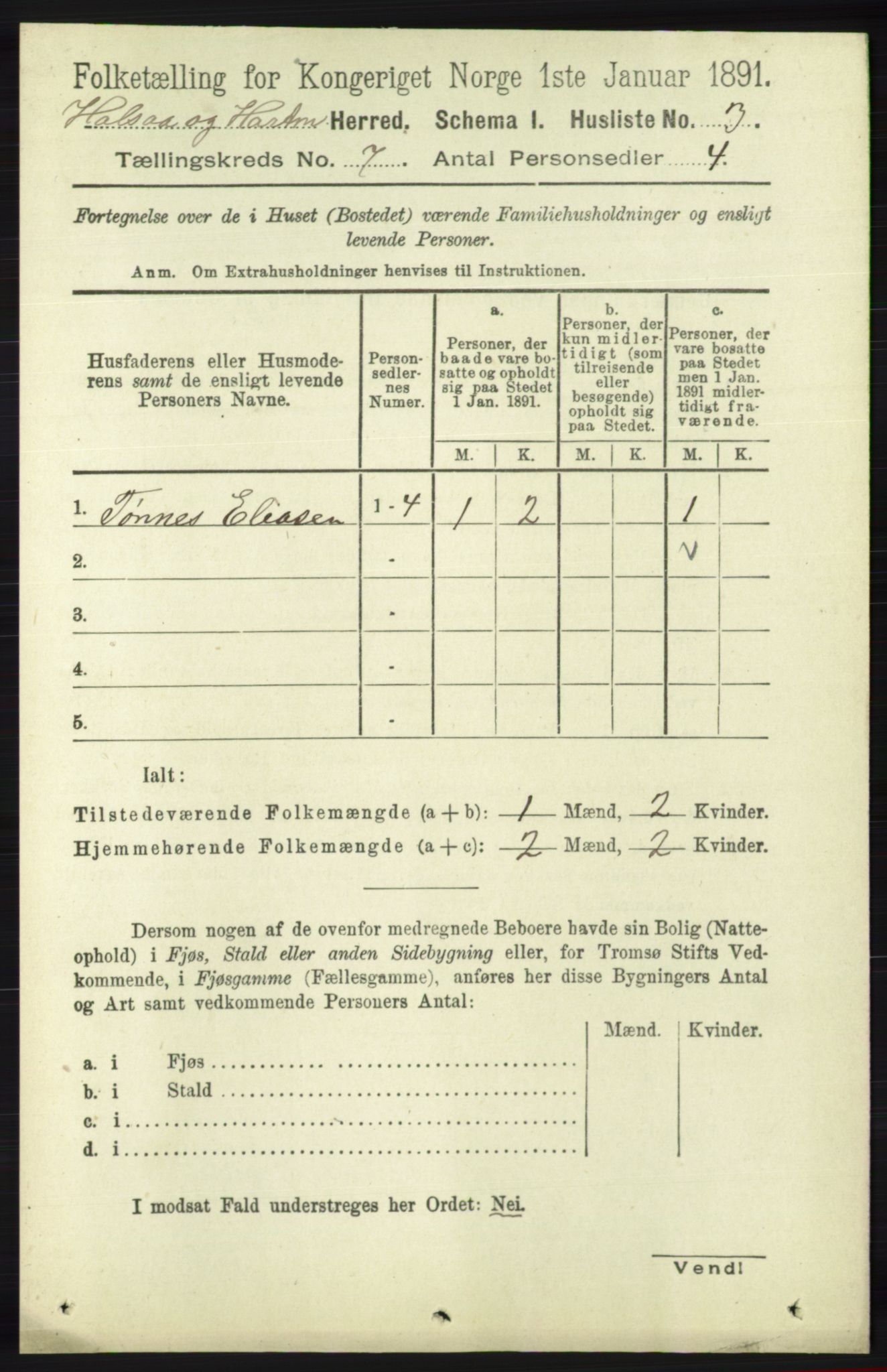 RA, 1891 census for 1019 Halse og Harkmark, 1891, p. 2657