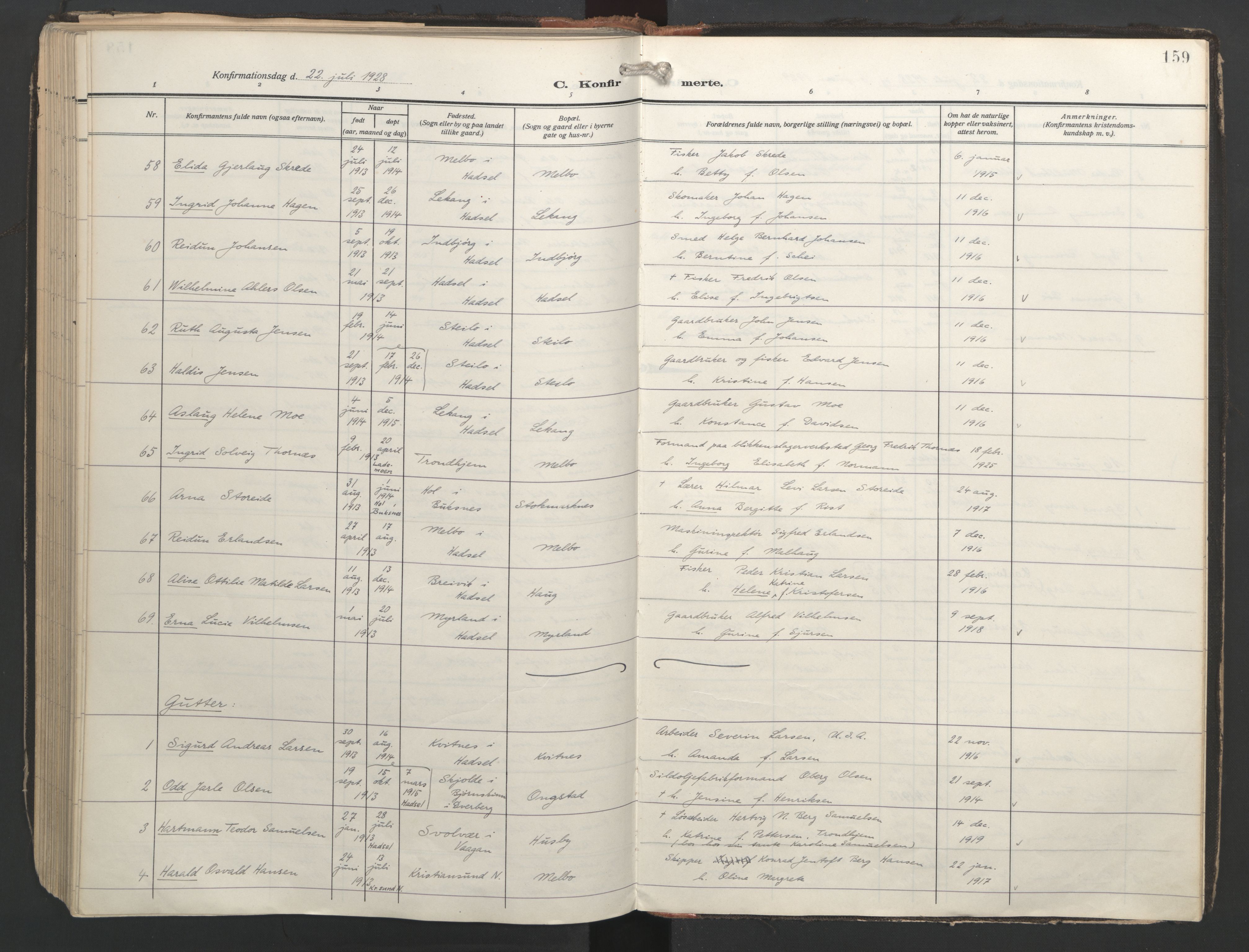 Ministerialprotokoller, klokkerbøker og fødselsregistre - Nordland, SAT/A-1459/888/L1249: Parish register (official) no. 888A15, 1911-1929, p. 159