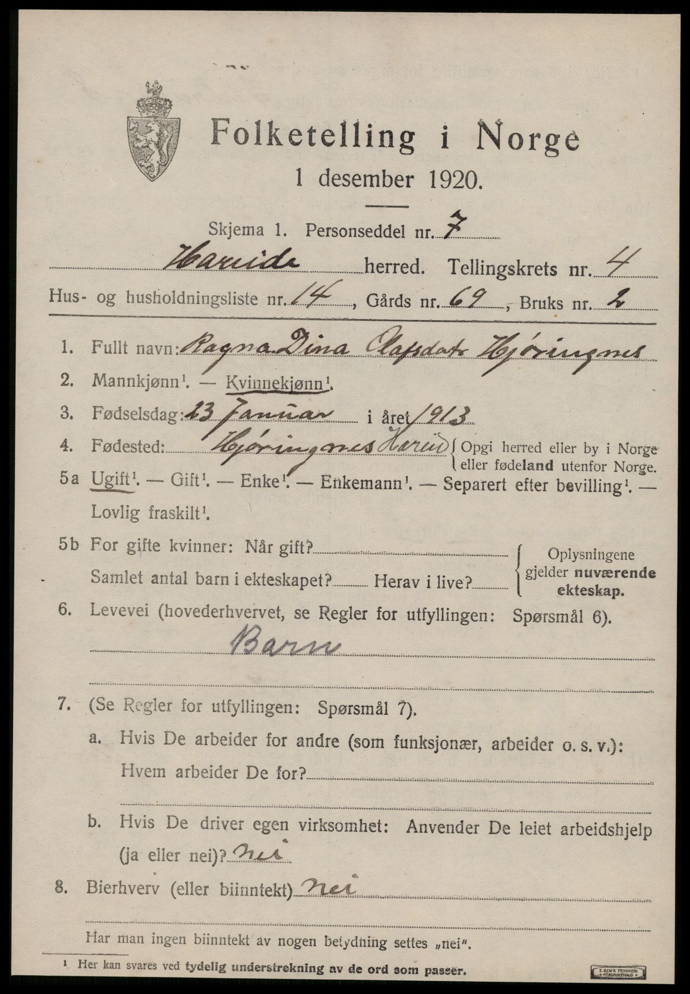 SAT, 1920 census for Hareid, 1920, p. 1863