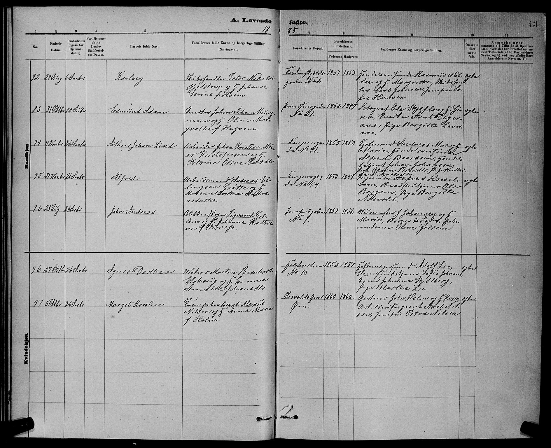 Ministerialprotokoller, klokkerbøker og fødselsregistre - Sør-Trøndelag, SAT/A-1456/601/L0092: Parish register (copy) no. 601C10, 1884-1897, p. 43