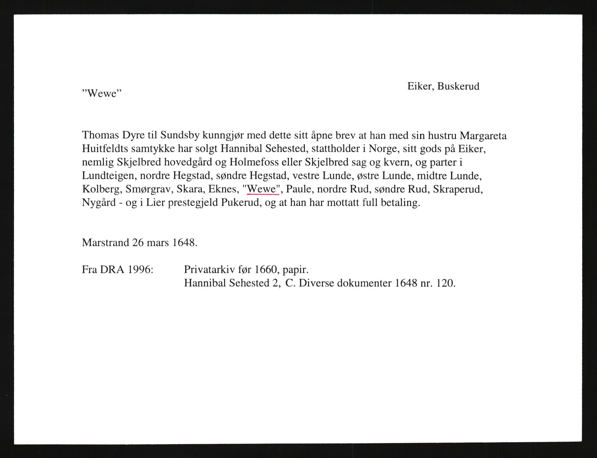 Riksarkivets diplomsamling, AV/RA-EA-5965/F35/F35e/L0015: Registreringssedler Buskerud 4, 1400-1700, p. 43