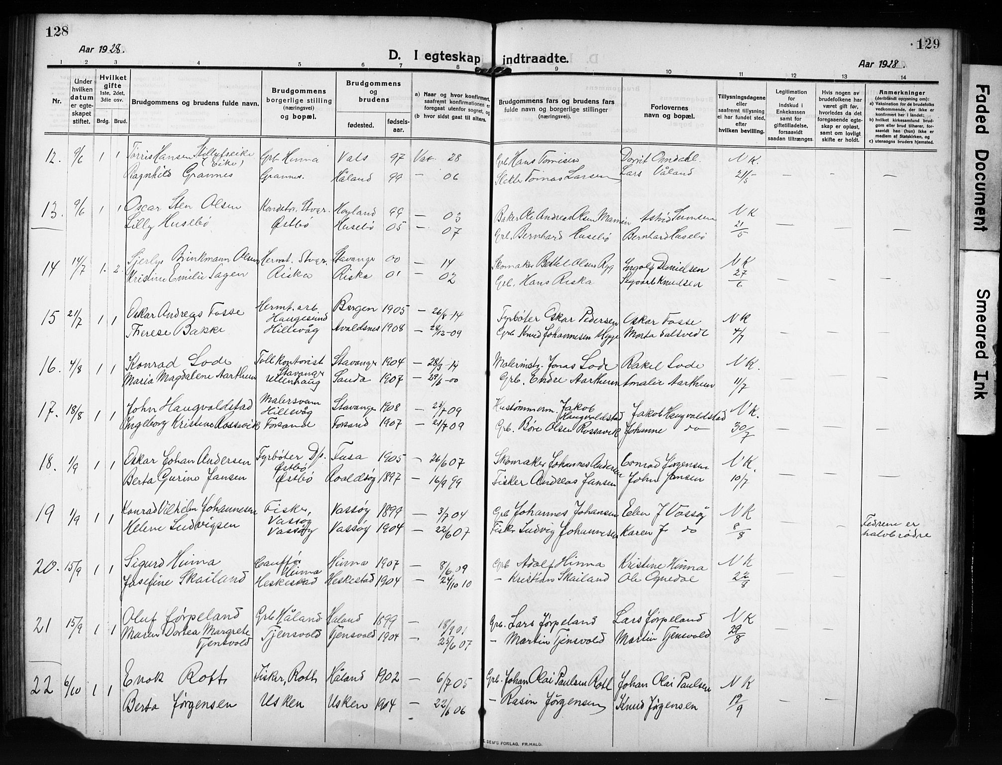 Hetland sokneprestkontor, SAST/A-101826/30/30BB/L0009: Parish register (copy) no. B 9, 1910-1931, p. 128-129